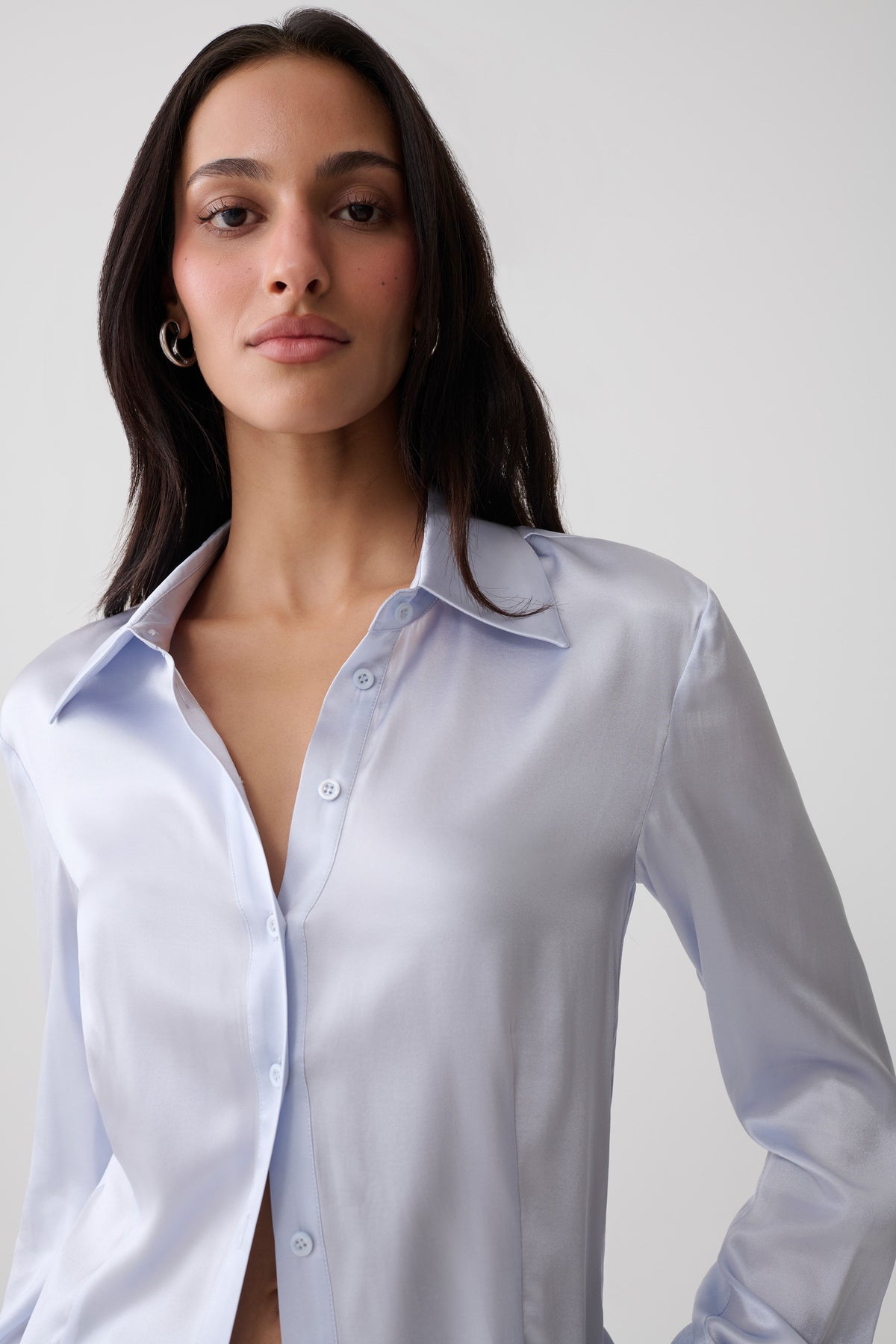 Queenie Silk Blend Long Sleeve Shirt - Ice Blue #7