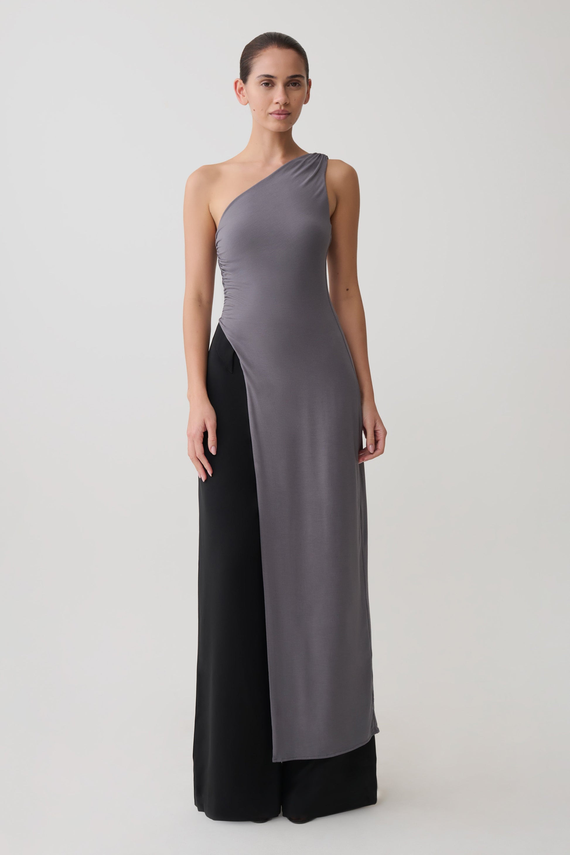 Coriona Long Line Top With Front Cut Out - Grey #5