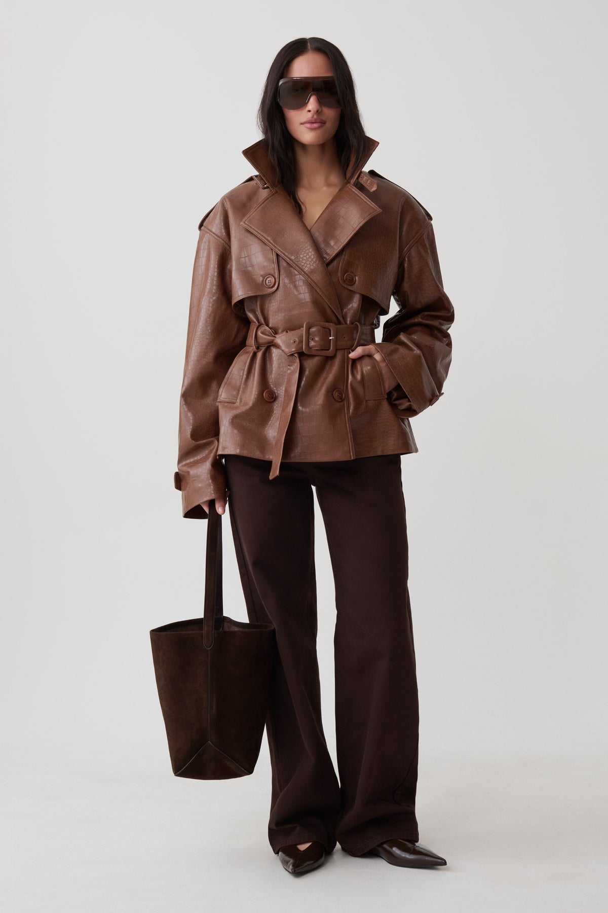 Jamie Funnel Neck Croc Faux Leather Trench - Cognac