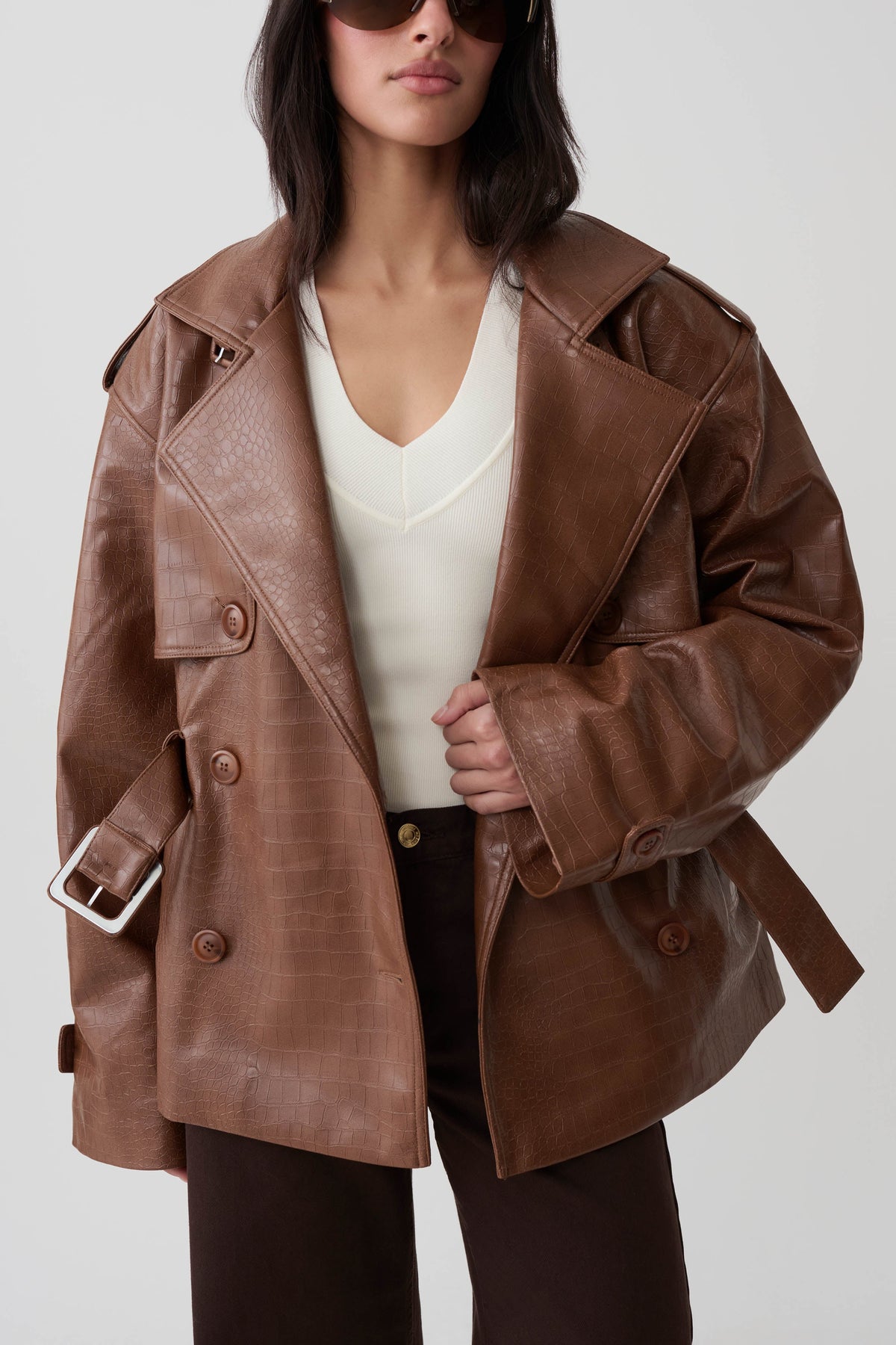 Jamie Funnel Neck Croc Faux Leather Trench - Cognac