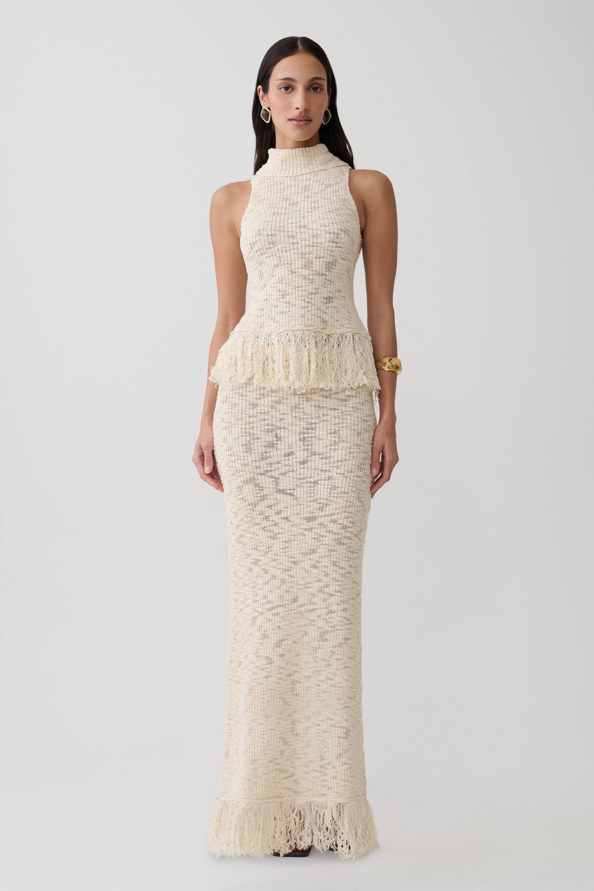 Giovanni Fringe Knit Midi Skirt - Cream