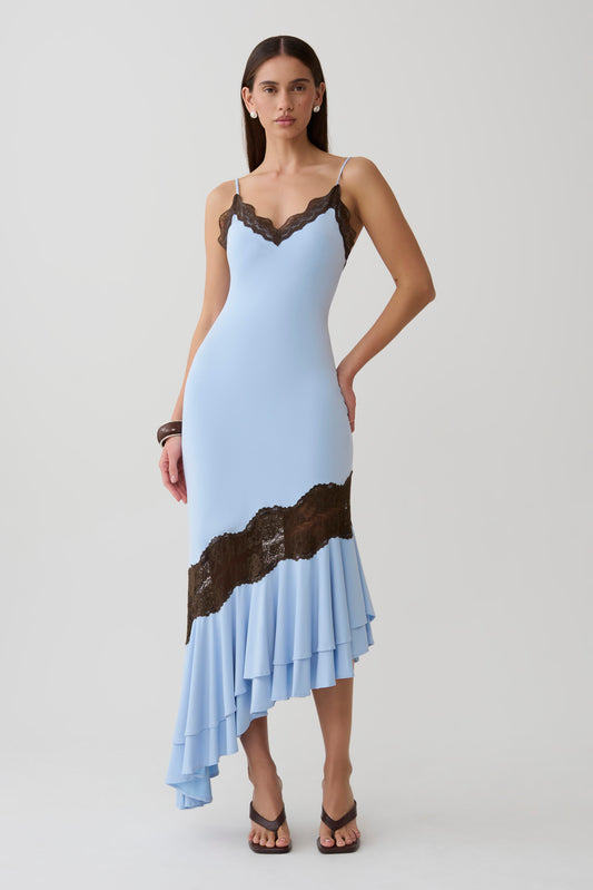 Annis Frilled Hem Lace Midi Dress - Cornflower/Chocolate