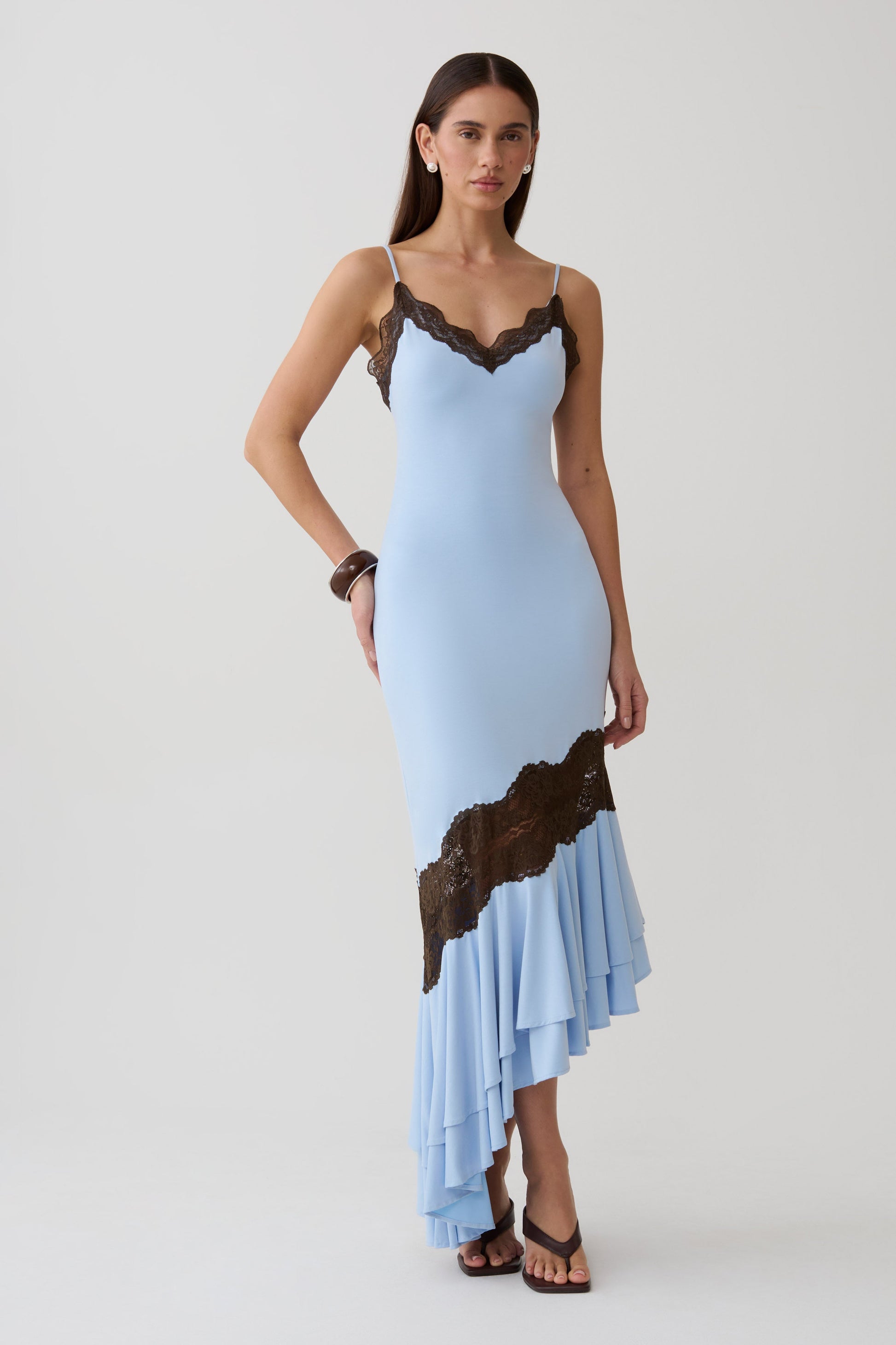 Annis Frilled Hem Lace Midi Dress - Cornflower/Chocolate #5