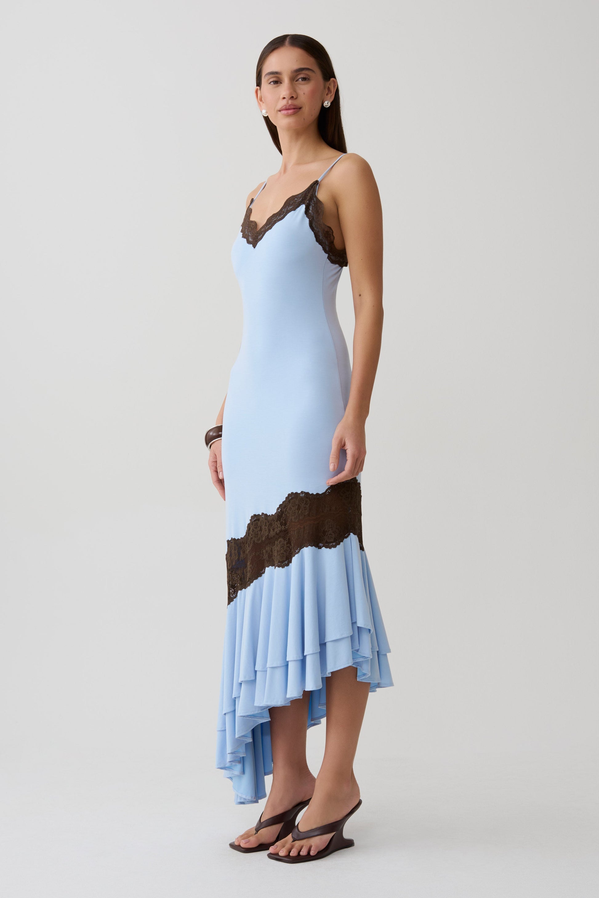 Annis Frilled Hem Lace Midi Dress - Cornflower/Chocolate #4