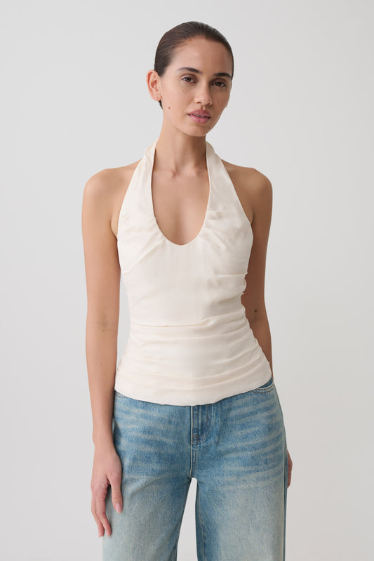 Daniela Ruched Halter Top - Ivory