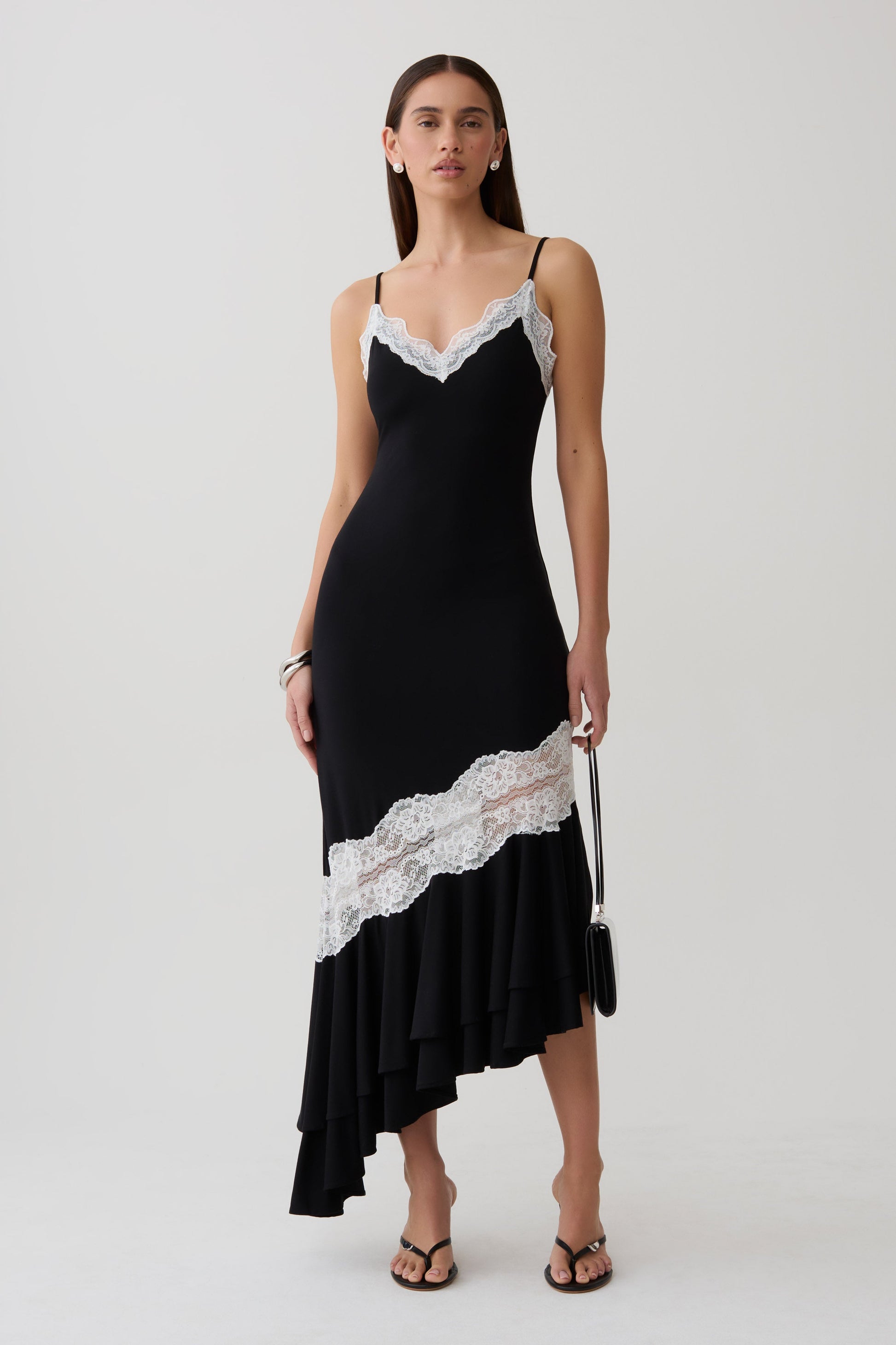 Annis Frilled Hem Lace Midi Dress - Black/White #5