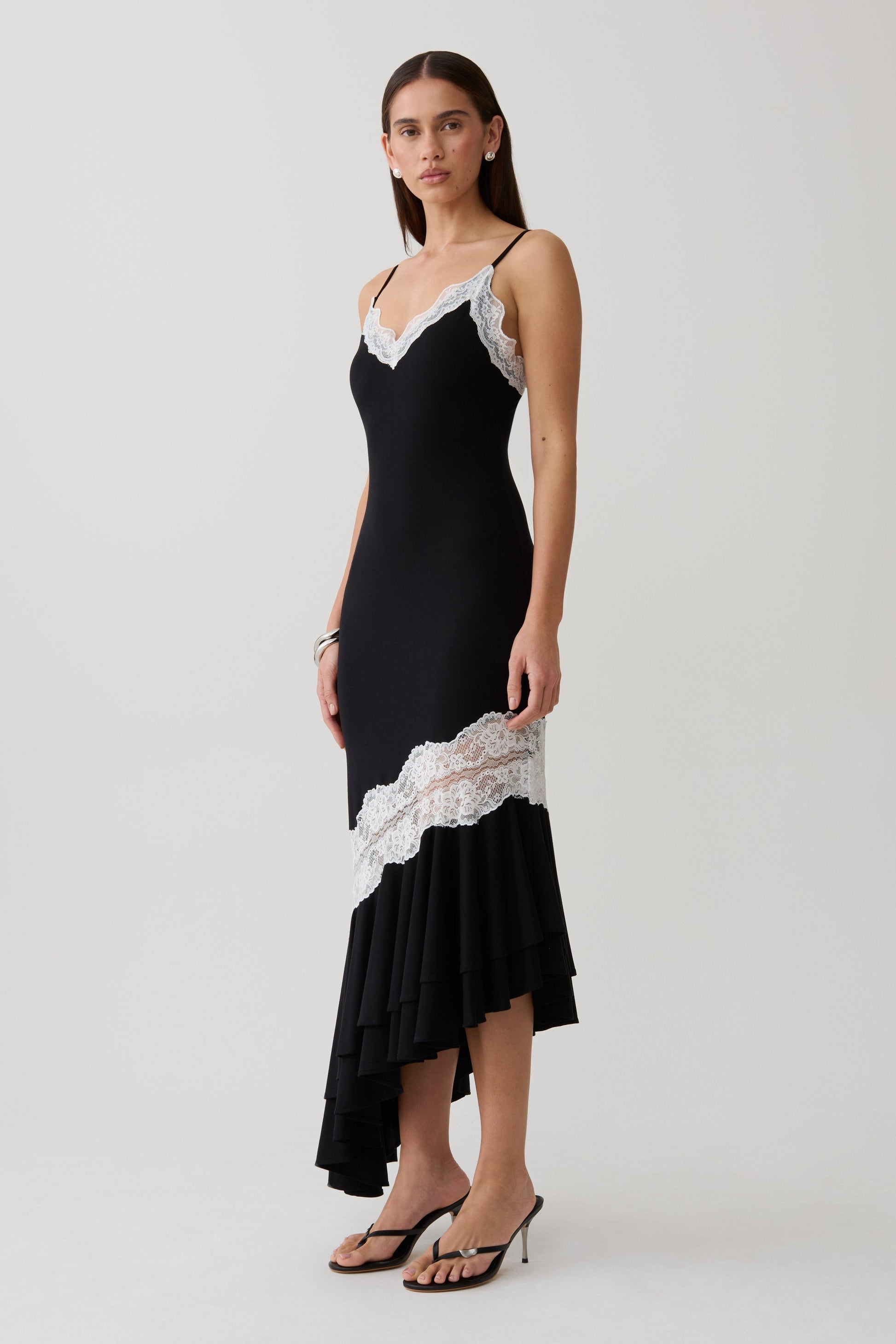 Annis Frilled Hem Lace Midi Dress - Black/White #4