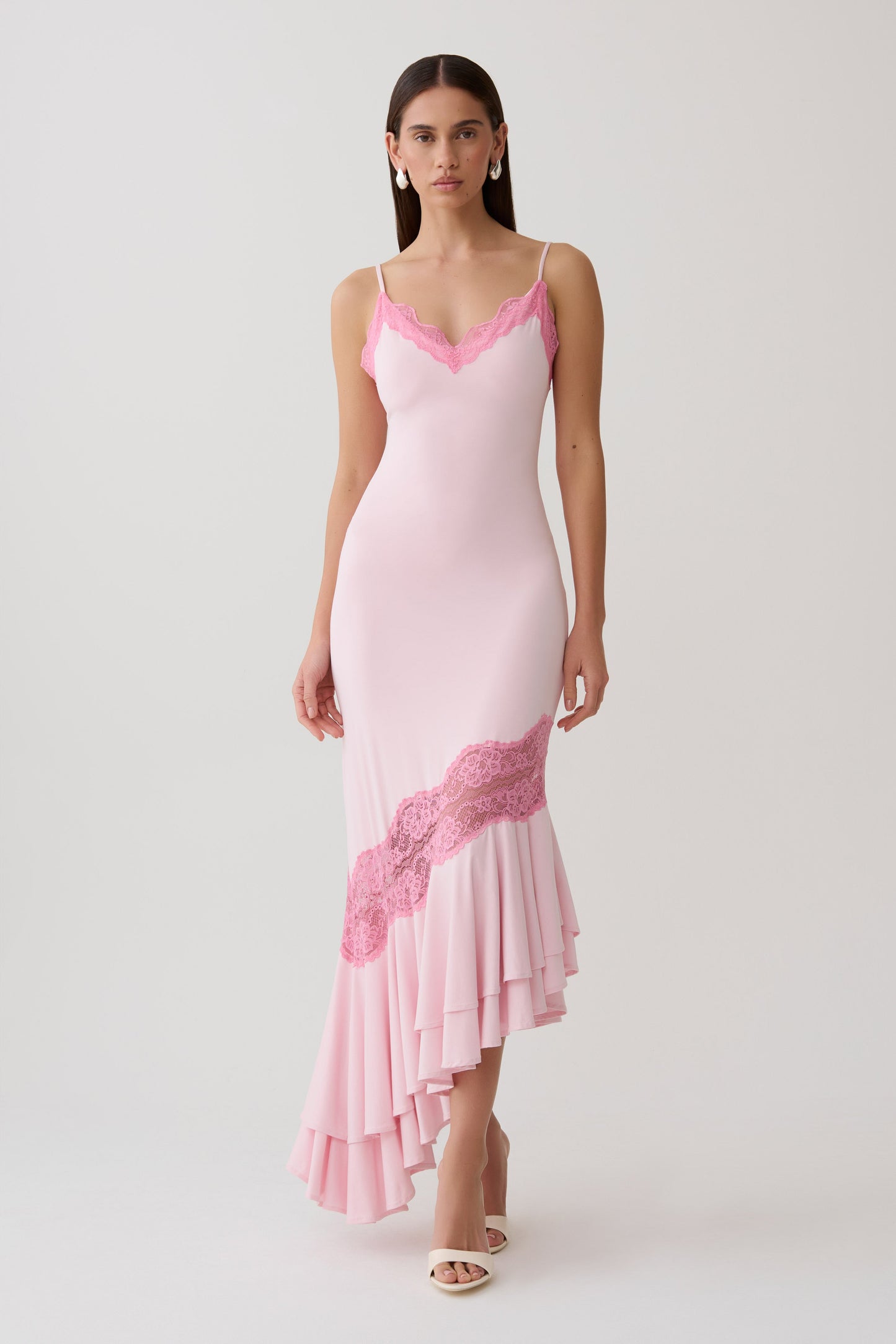 Annis Frilled Hem Lace Midi Dress - Pink