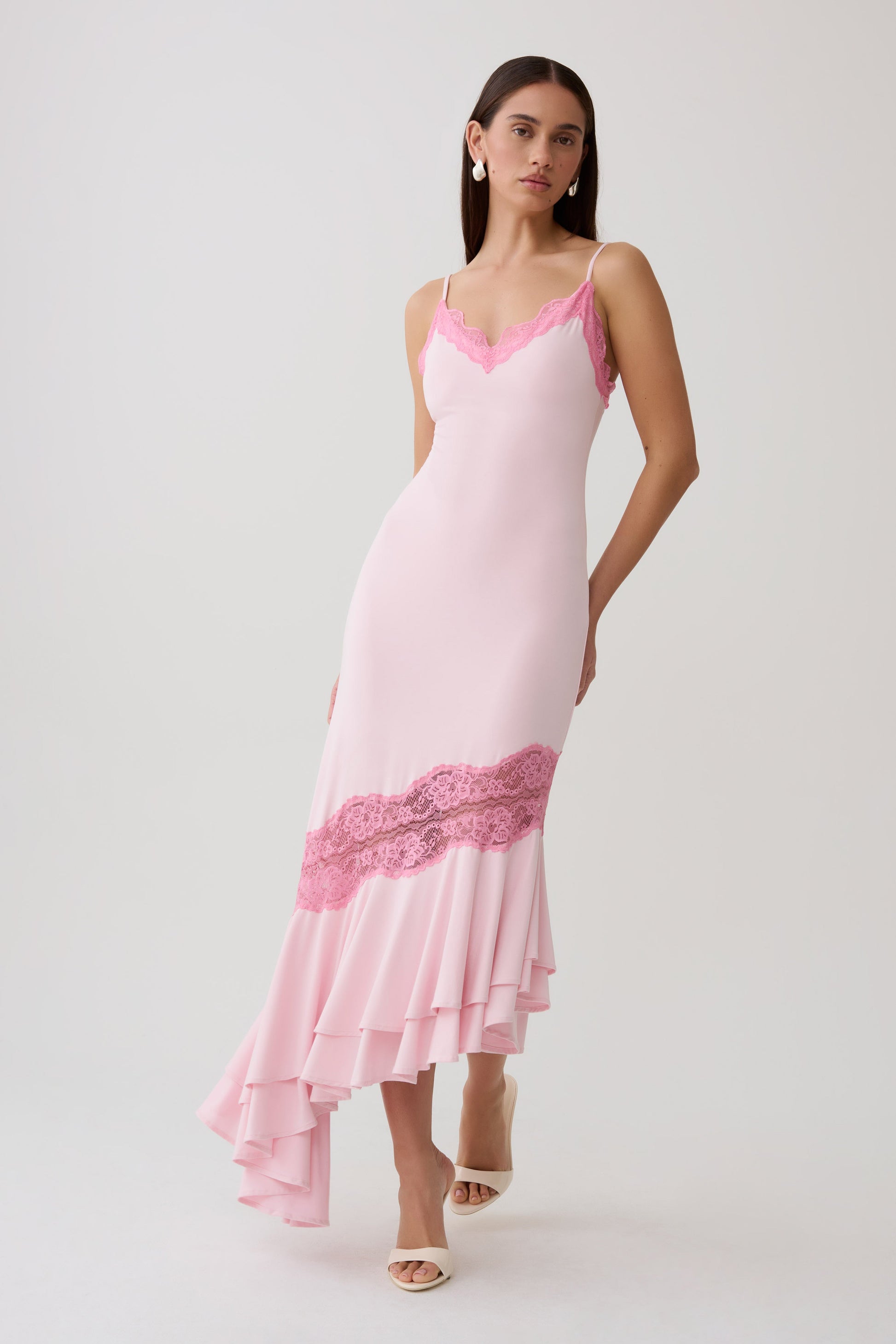 Annis Frilled Hem Lace Midi Dress - Pink #3
