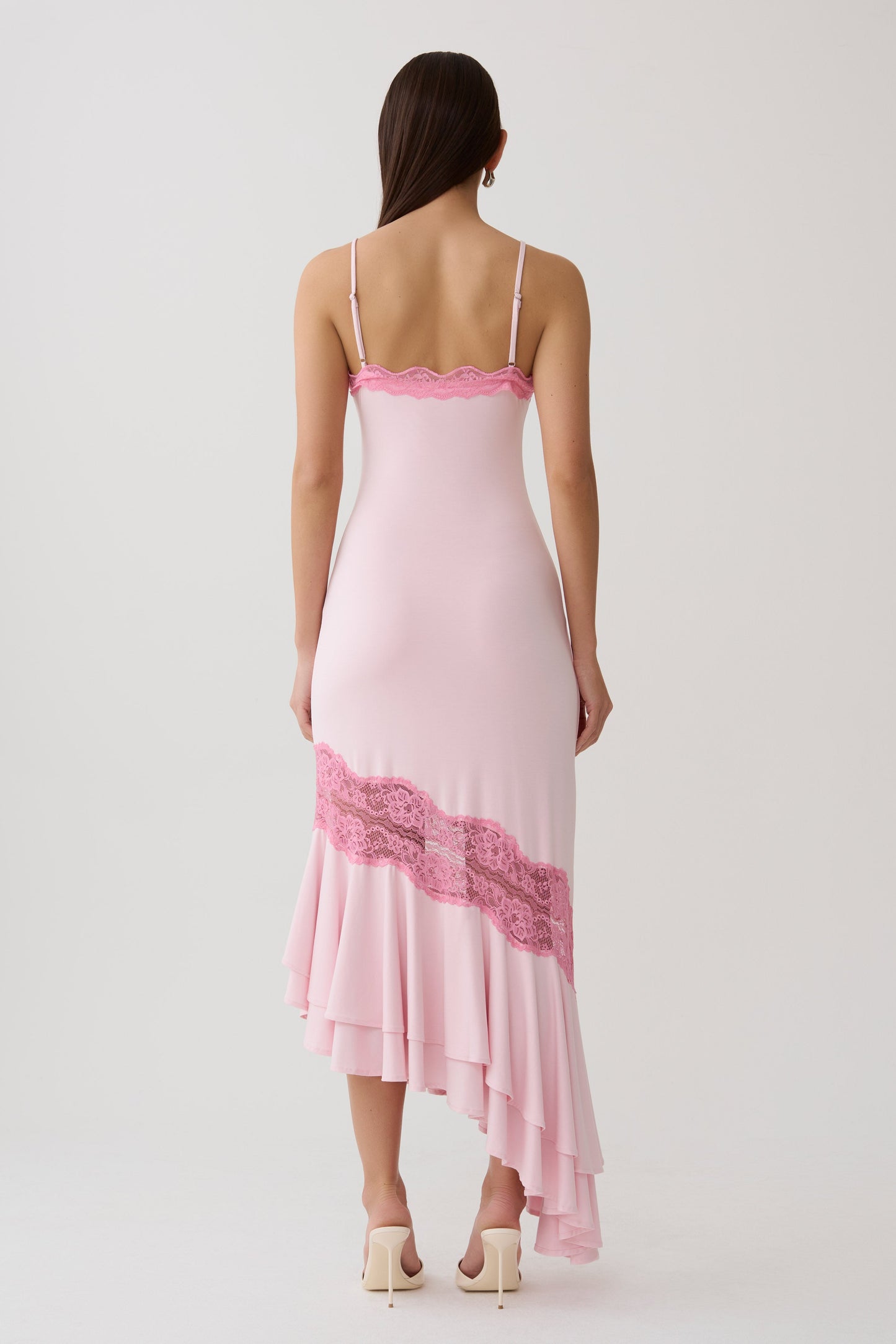 Annis Frilled Hem Lace Midi Dress - Pink