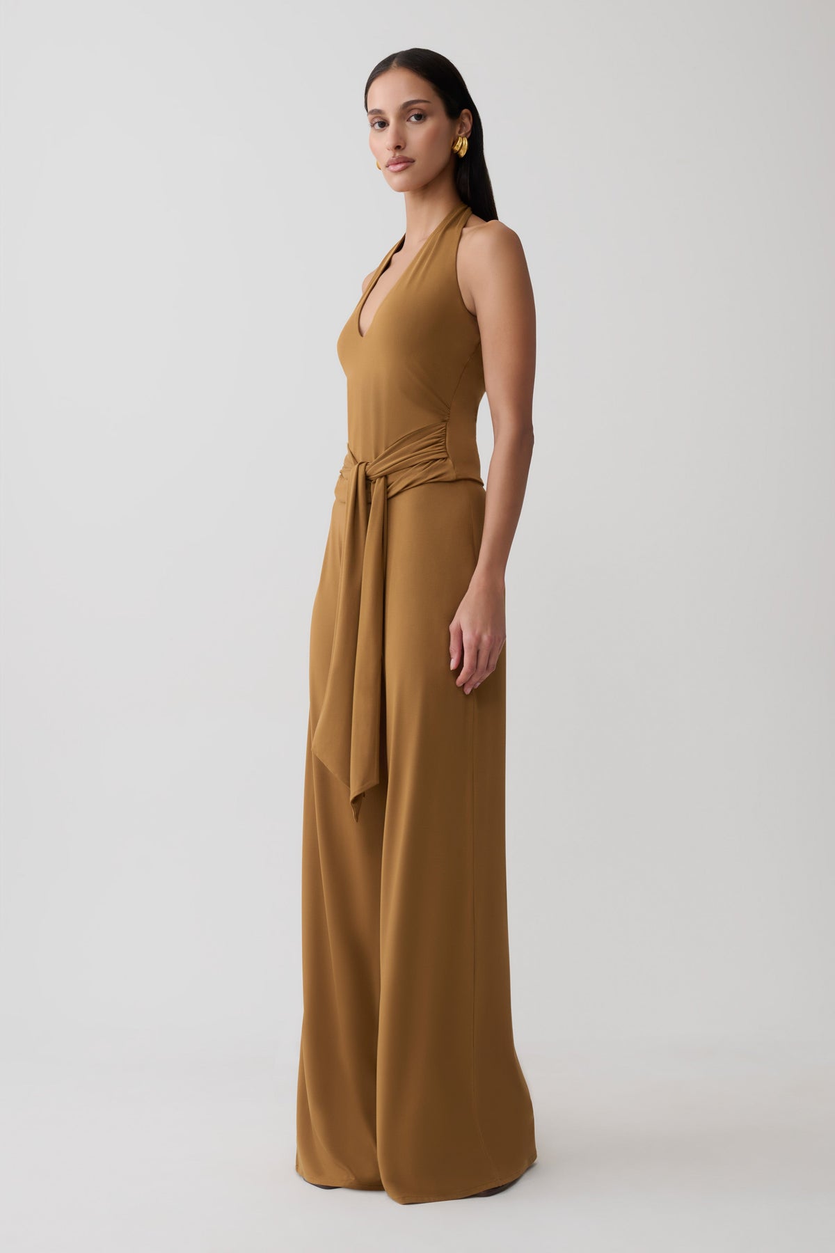Krysh Wide Leg Peached Jersey Pants - Caramel