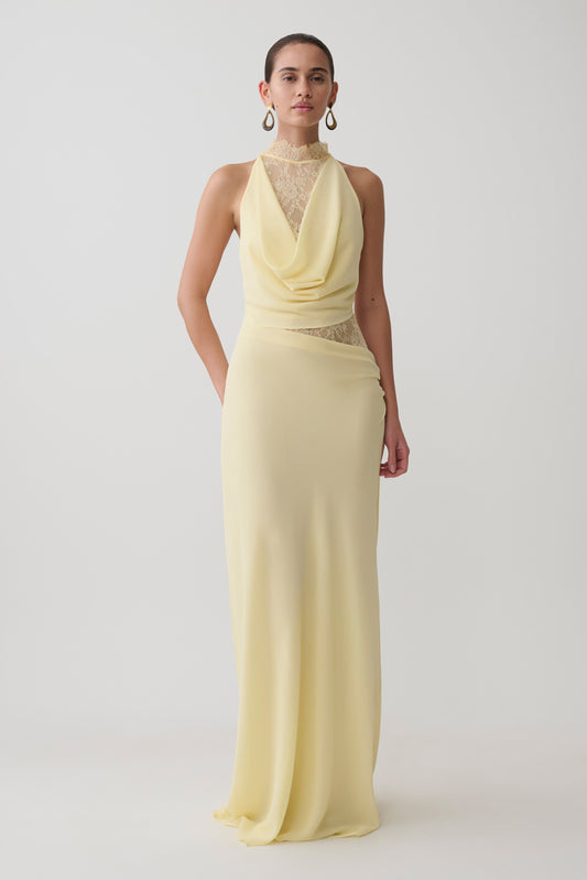 Arra Chiffon And Lace Halter Maxi Dress - Lemon