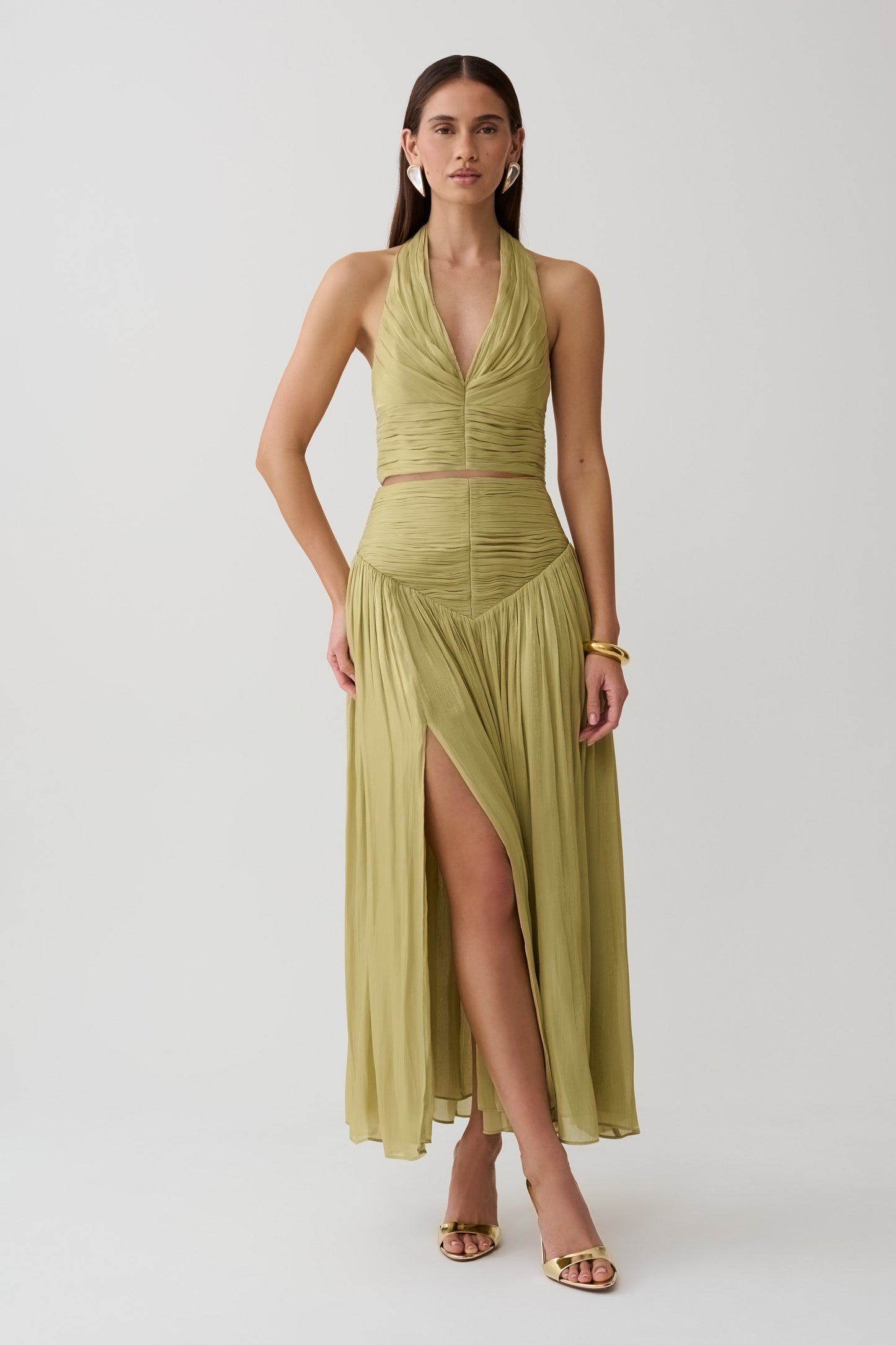 Makena Gathered V Neck Top - Green