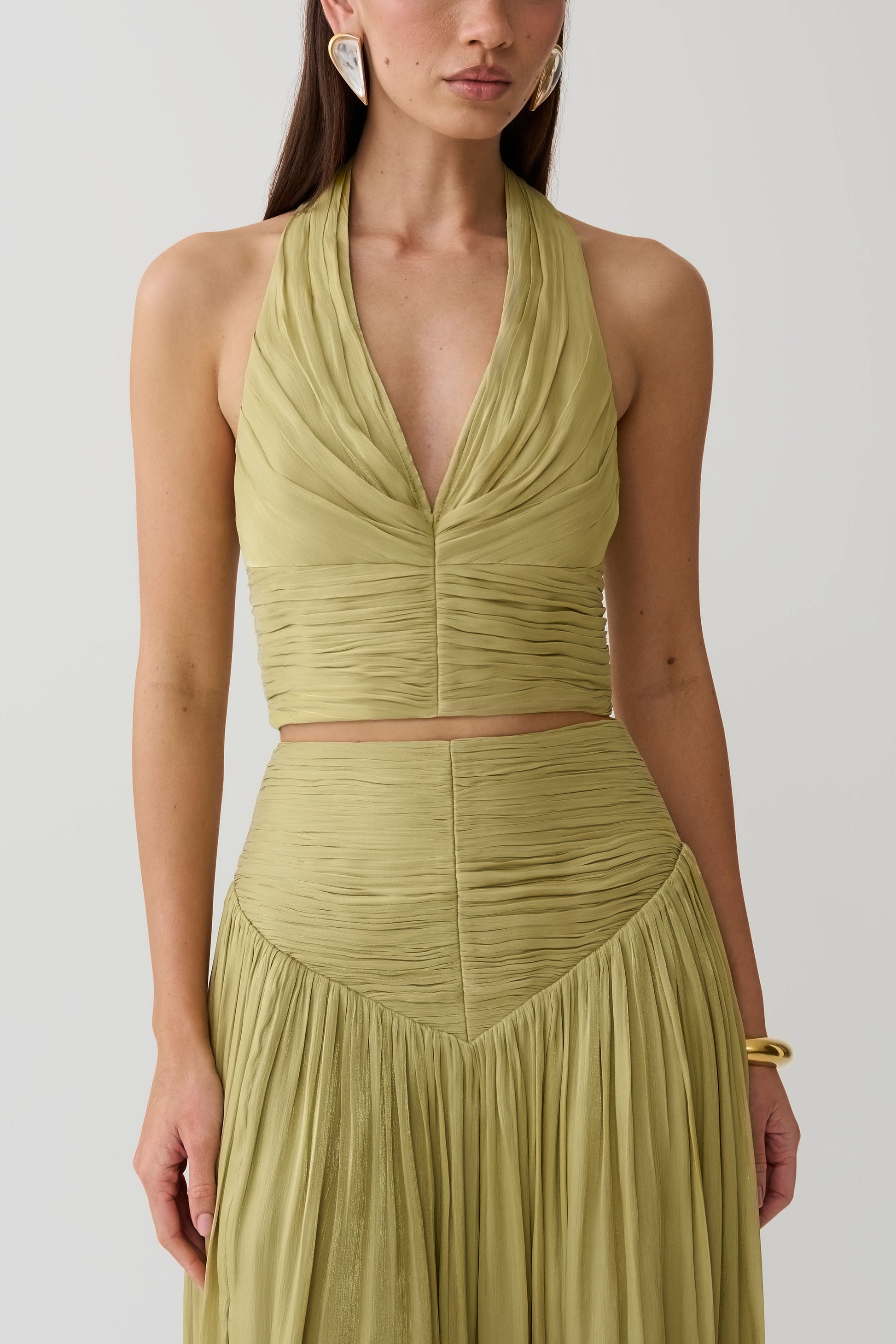 Makena Gathered V Neck Top - Green #3