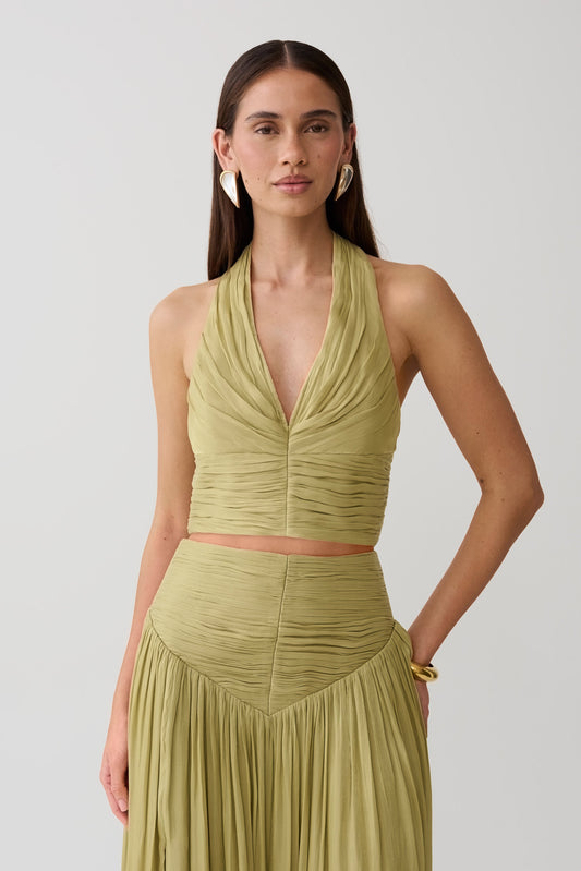 Makena Gathered V Neck Top - Green
