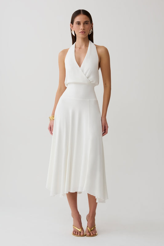 Krish Hankie Halter Midi Dress - White