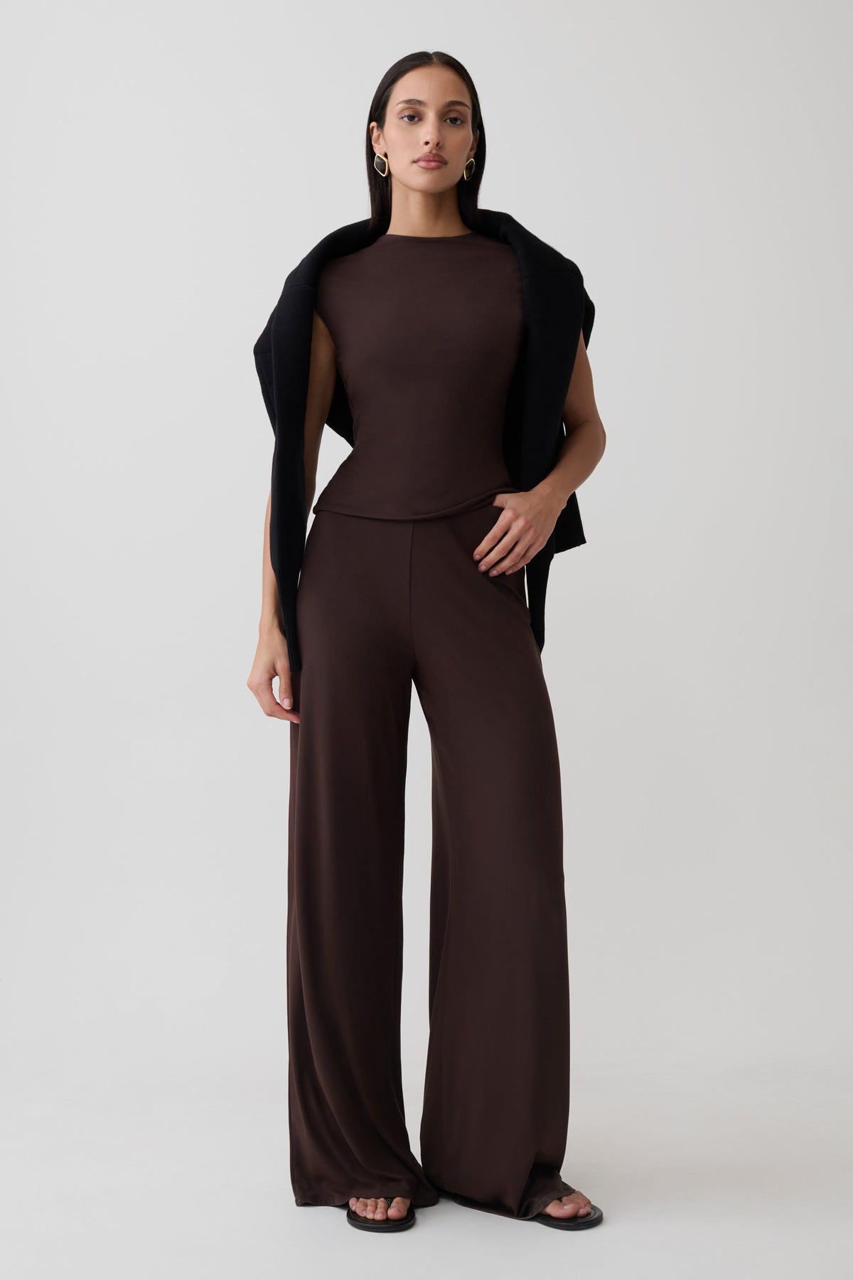 Krysh Wide Leg Peached Jersey Pants - Chocolate #6