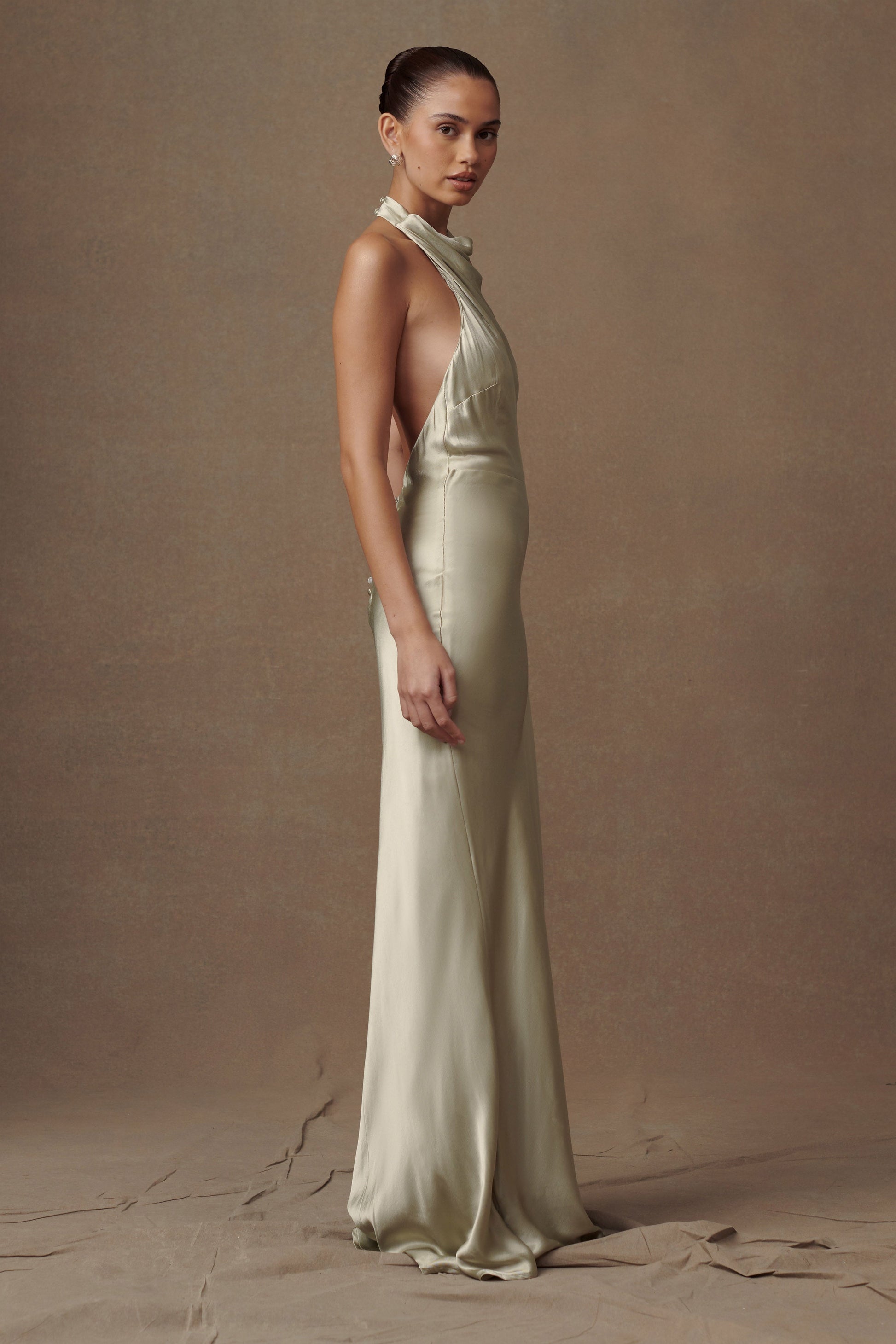 Esther Iridescent Satin Cowl Maxi Dress - Sage #3