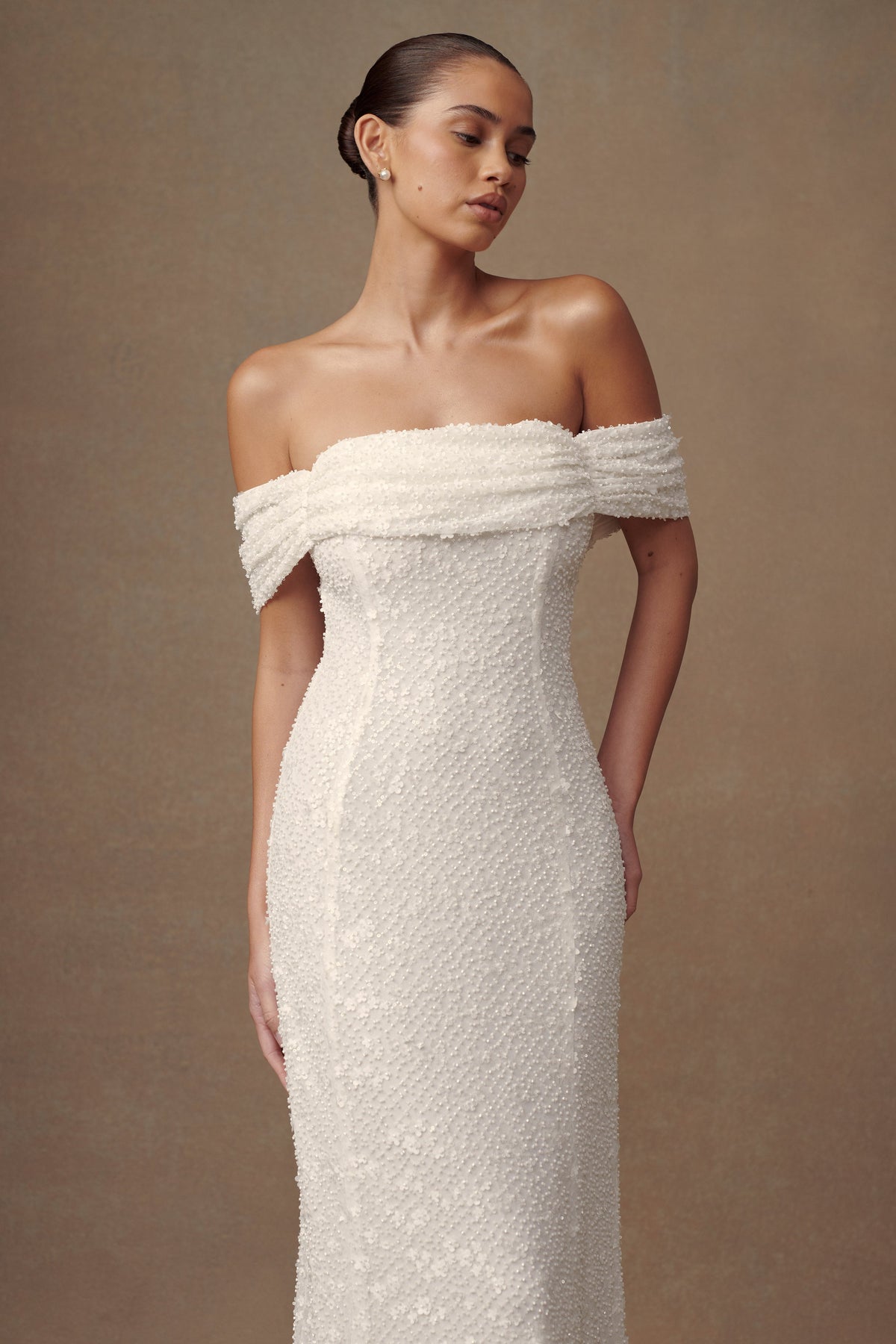 Priyanka Daisy Beaded Off Shoulder Wedding Gown - White #8