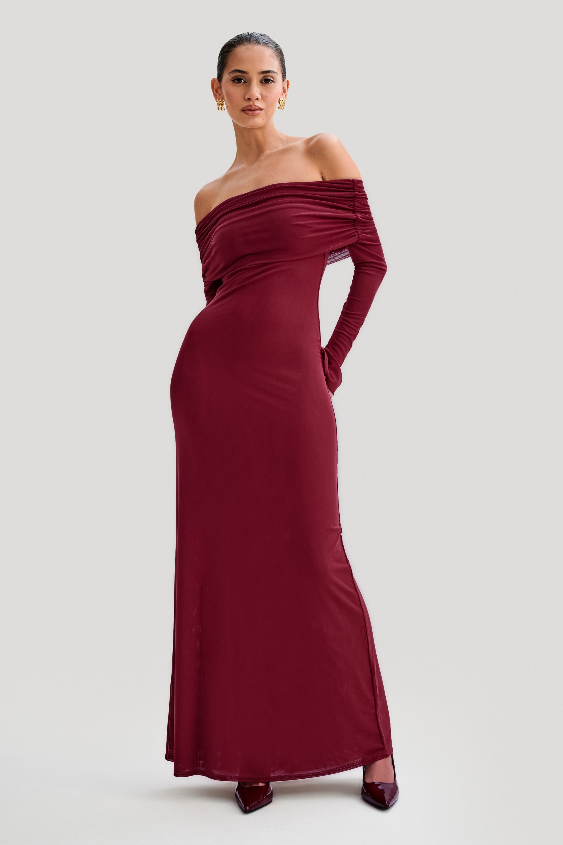 Josie Off Shoulder Mesh Maxi Dress - Wine #3
