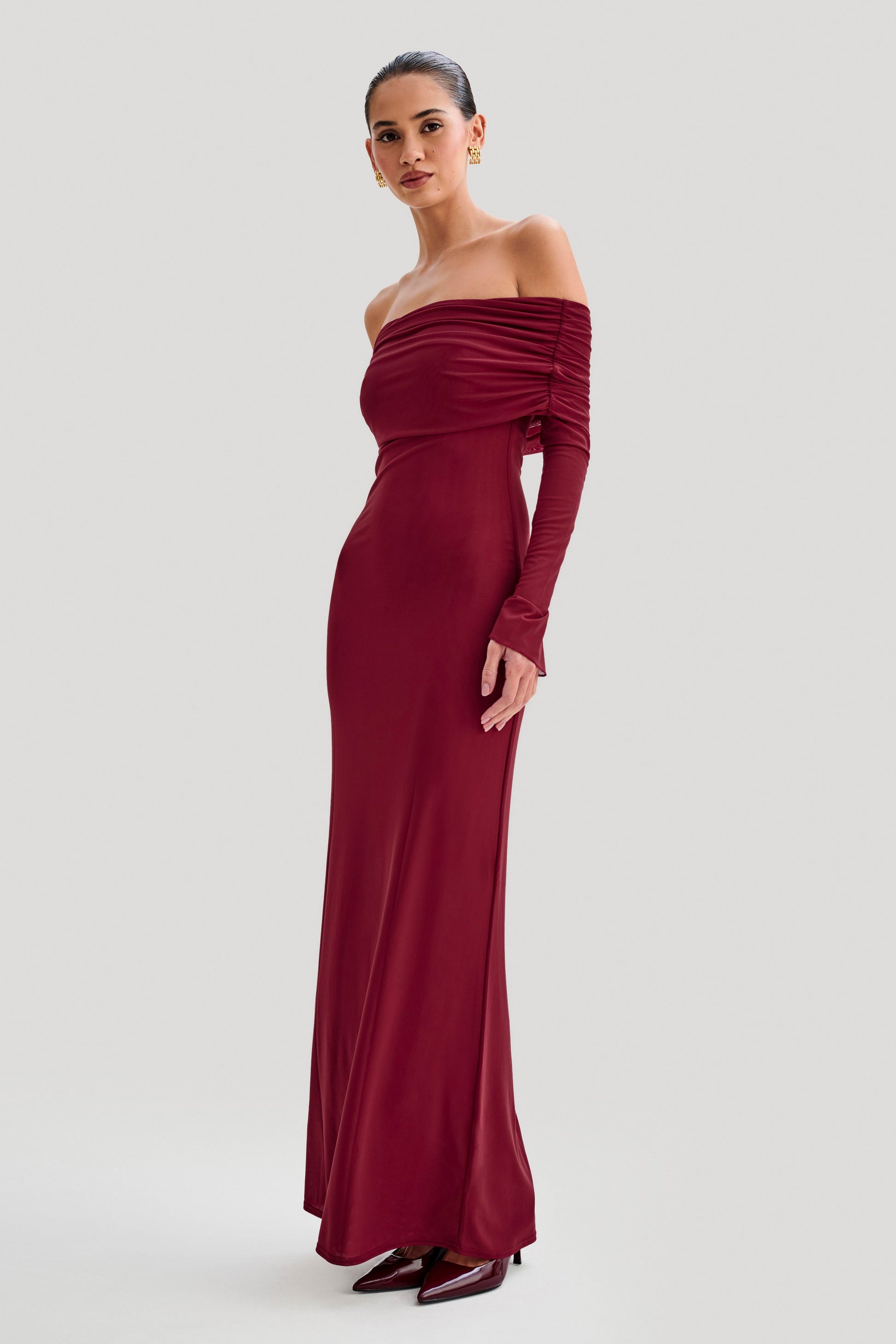 Josie Off Shoulder Mesh Maxi Dress - Wine #4