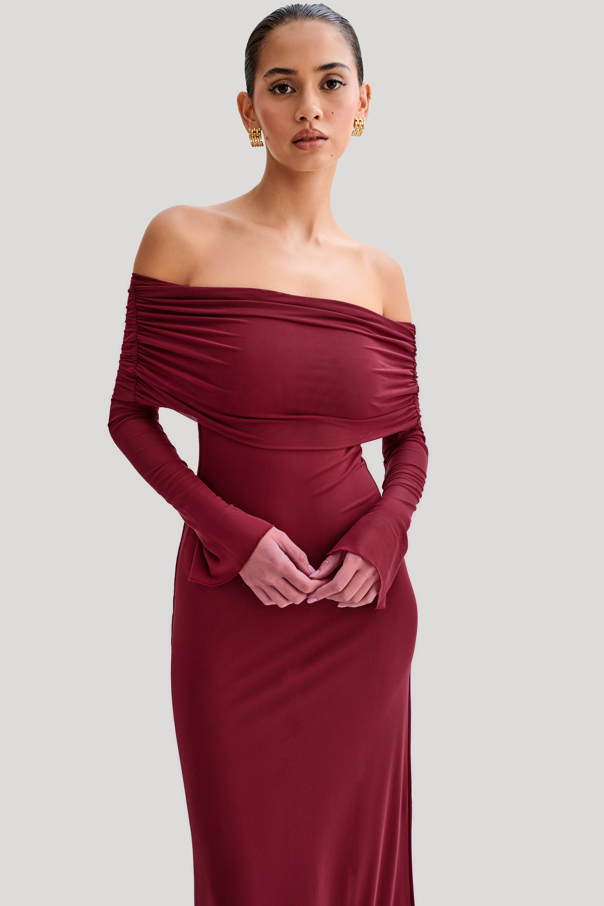 Josie Off Shoulder Mesh Maxi Dress - Wine #5