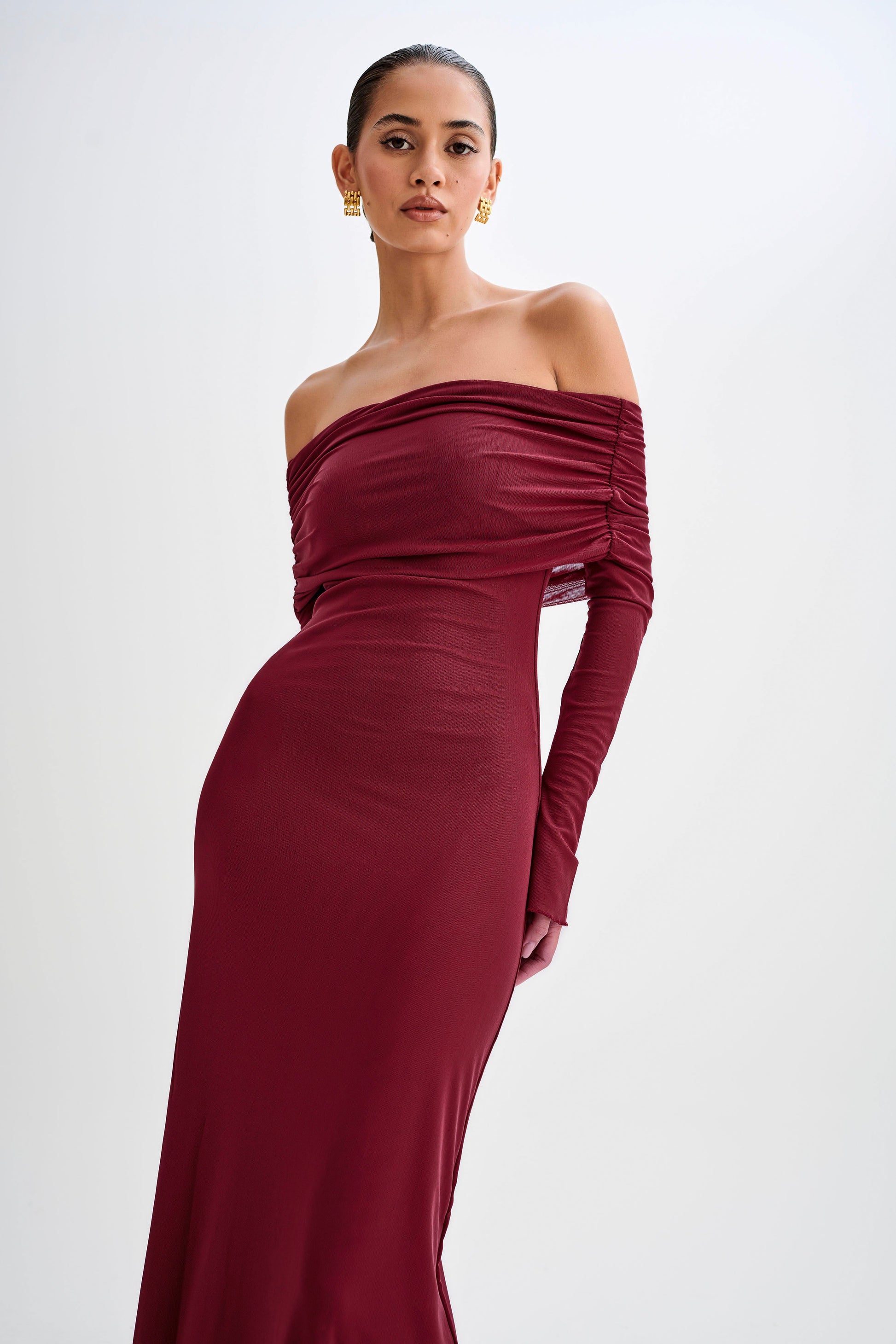 Josie Off Shoulder Mesh Maxi Dress - Wine #7