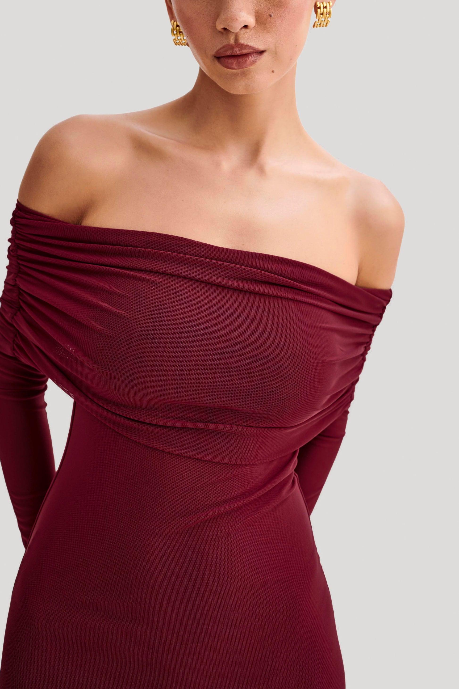 Josie Off Shoulder Mesh Maxi Dress - Wine #6