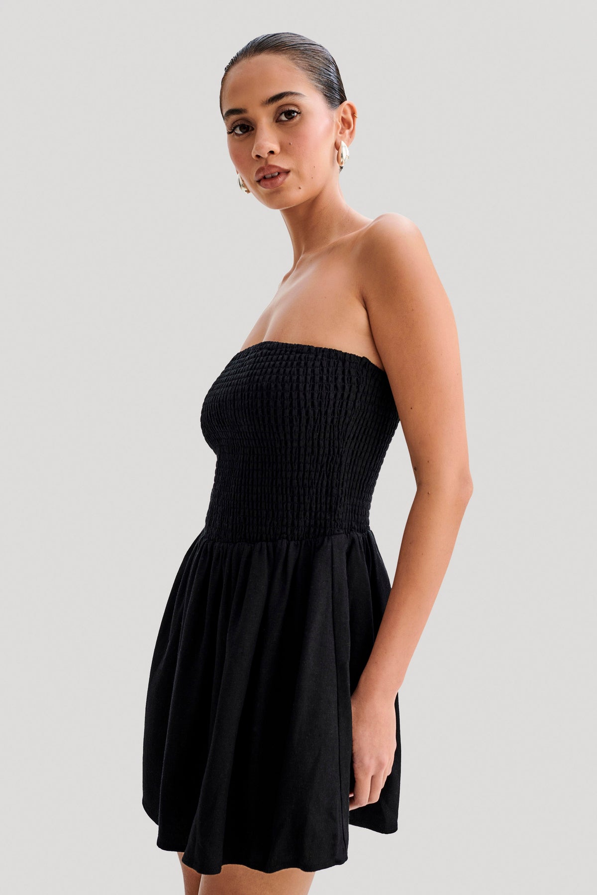 Holland Linen Shirring Mini Dress - Black #7