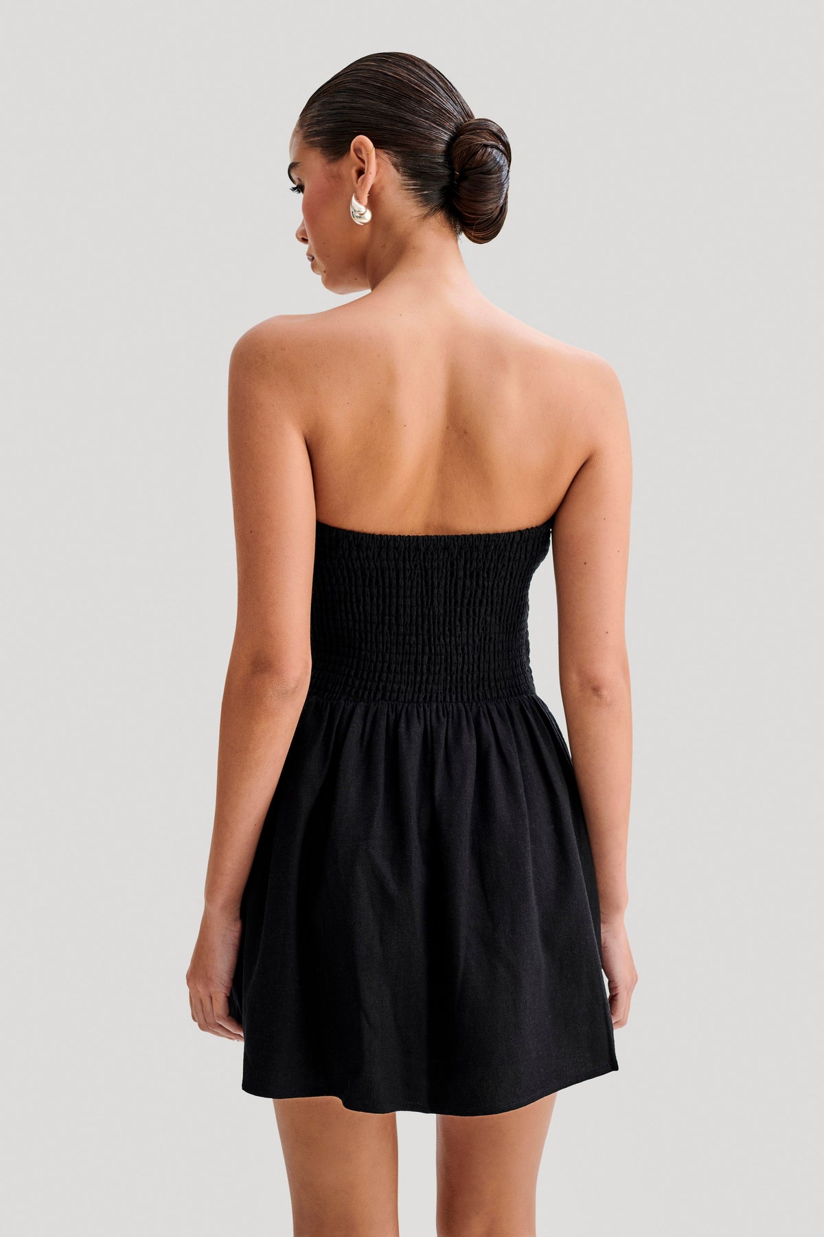 Holland Linen Shirring Mini Dress - Black #3