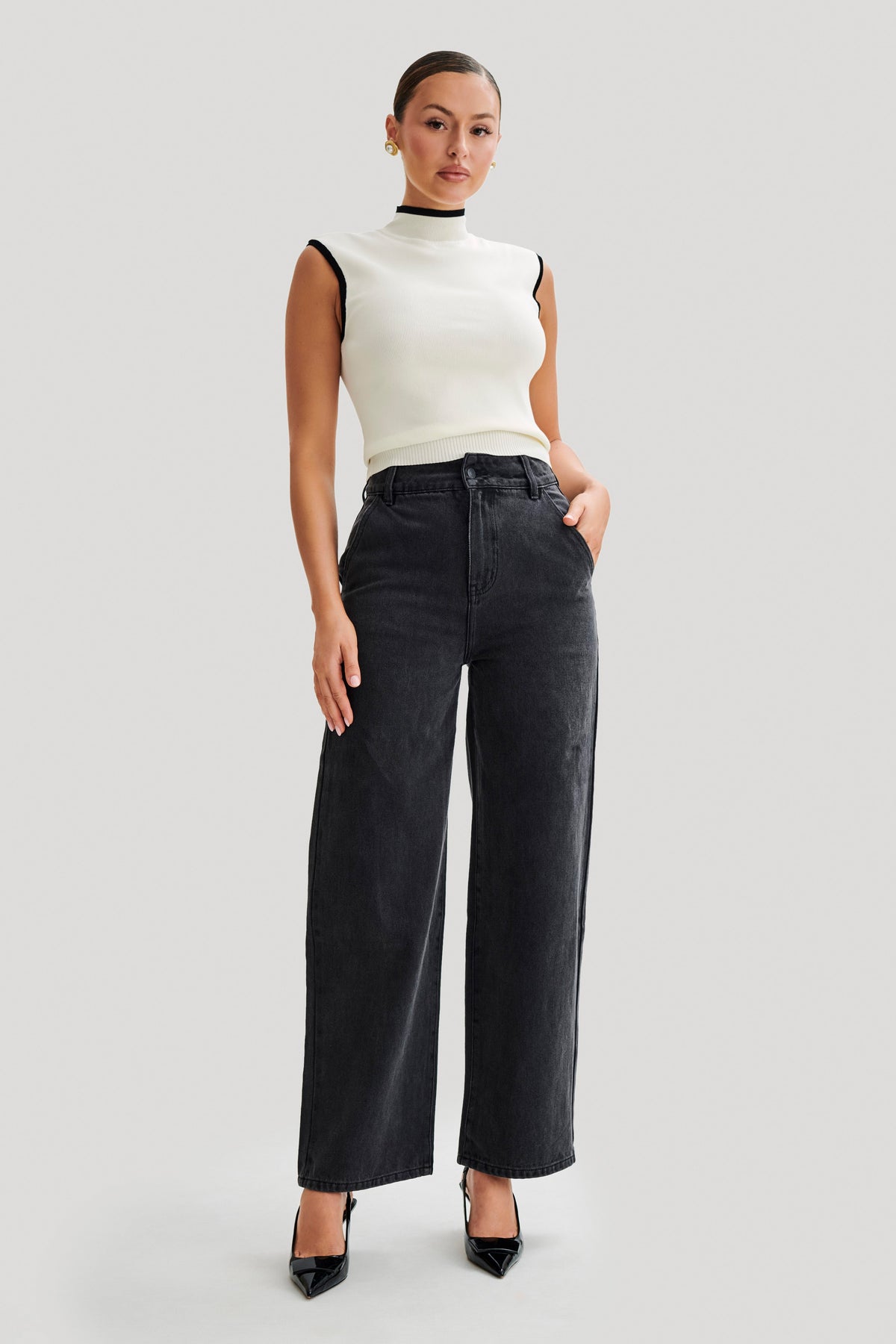 Roxy Wide Leg High Waist Denim Jeans - Washed Black #4