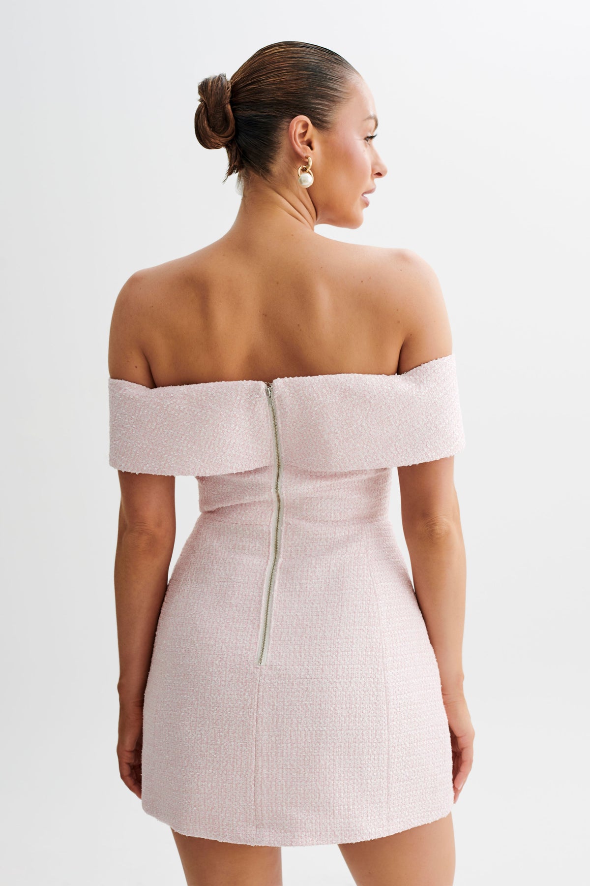 Helena Tweed Off Shoulder Mini Dress - Pink #2