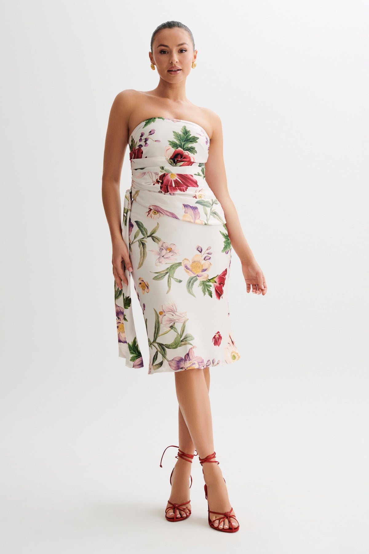 Allegra Satin Ruched Strapless Top - Bella Rosa Print