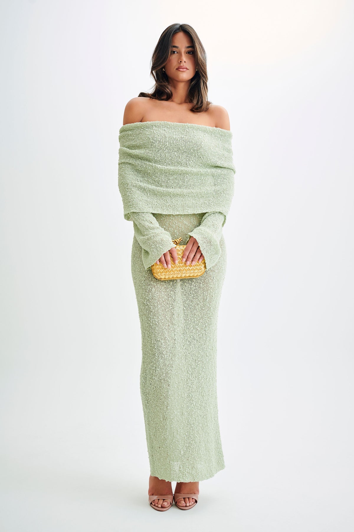 Marisol Off Shoulder Boucle Maxi Dress - Pastel Green #5