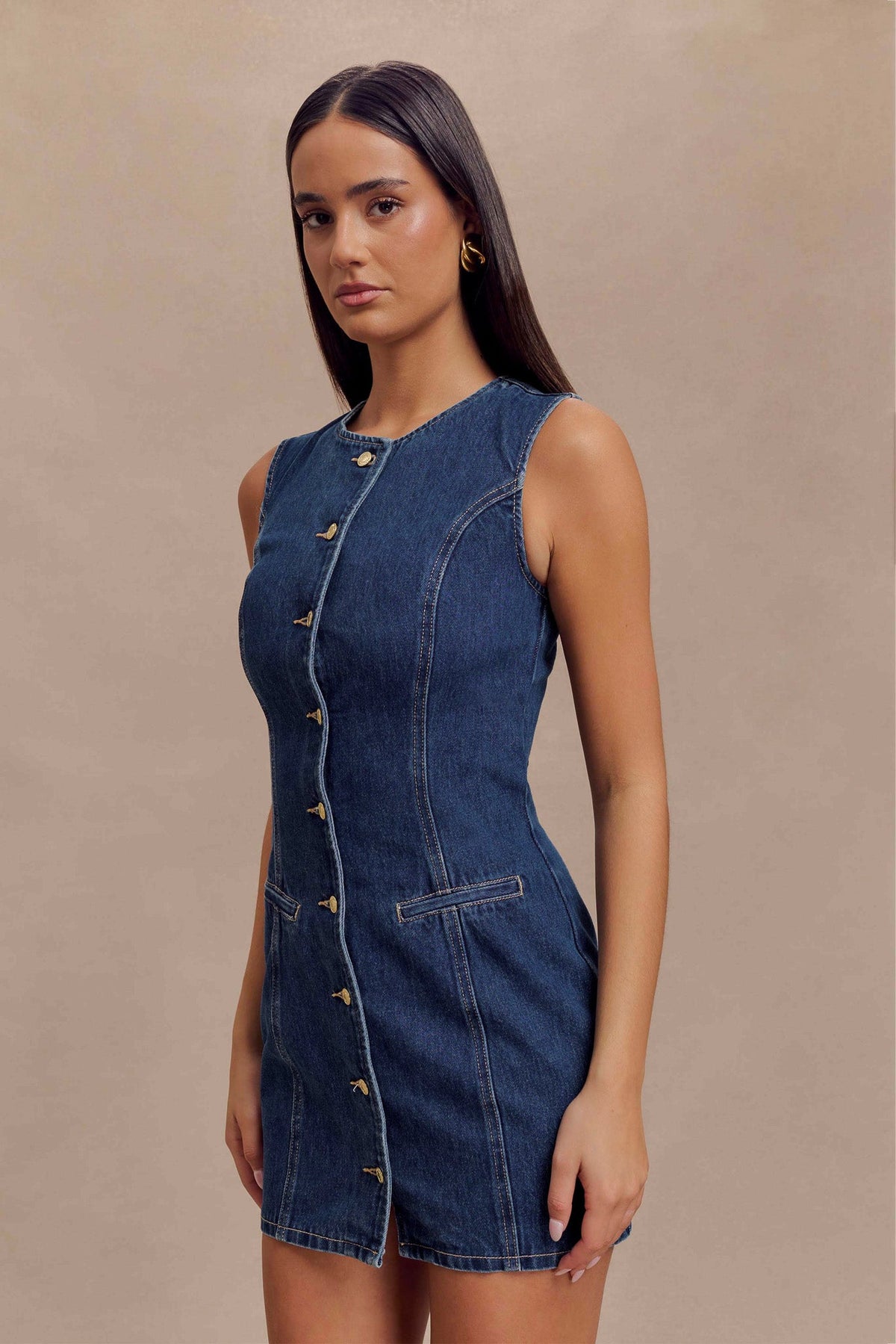 Jane Button Down Denim Mini Dress - Dark Blue #4