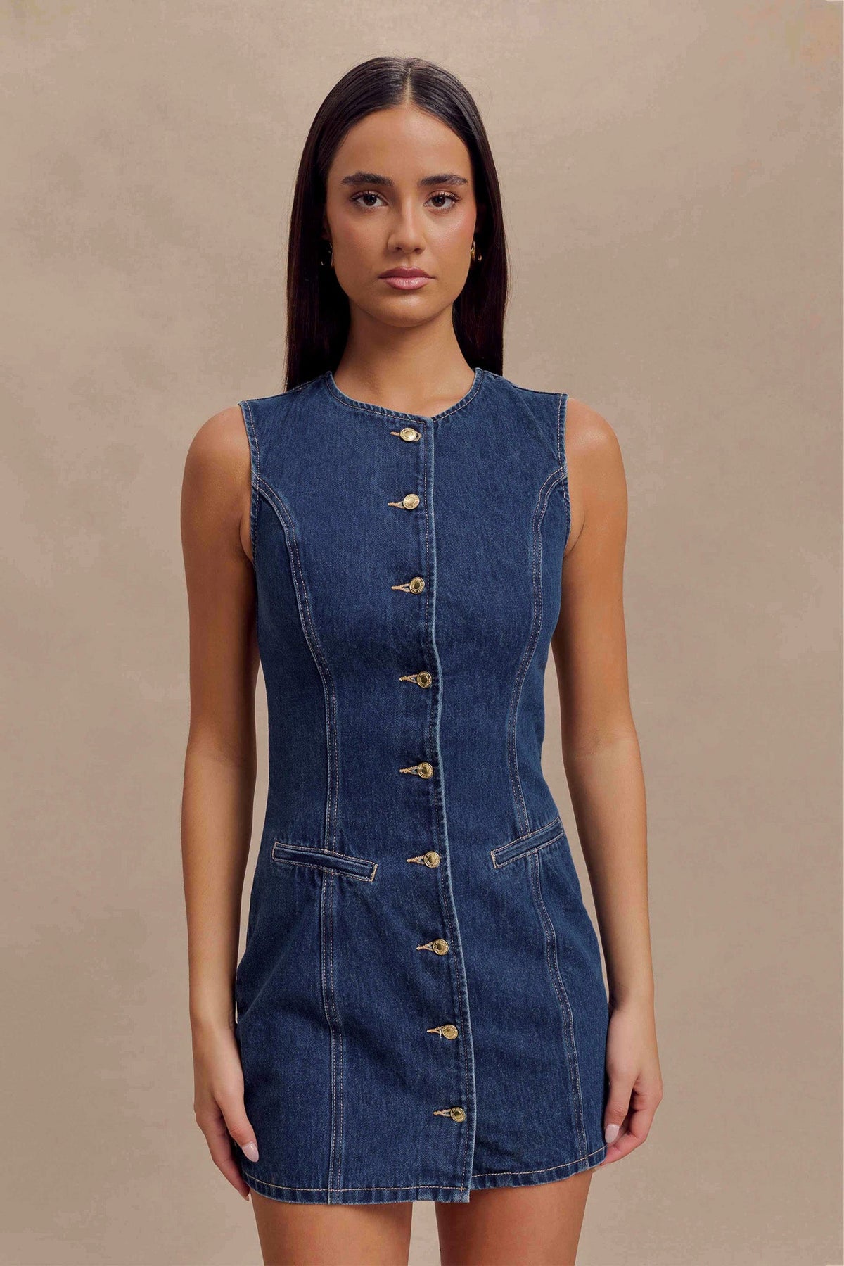 Jane Button Down Denim Mini Dress - Dark Blue #2