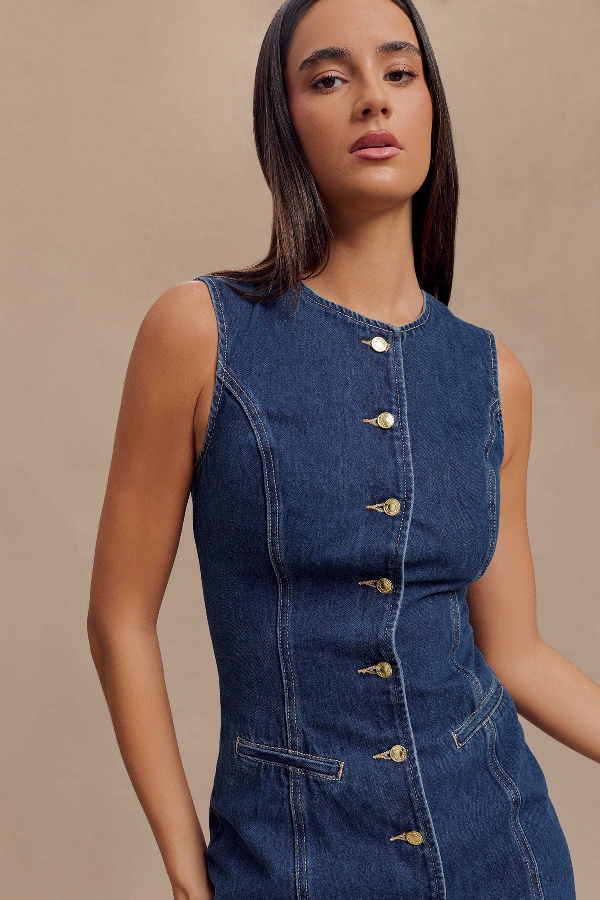 Jane Button Down Denim Mini Dress - Dark Blue #7