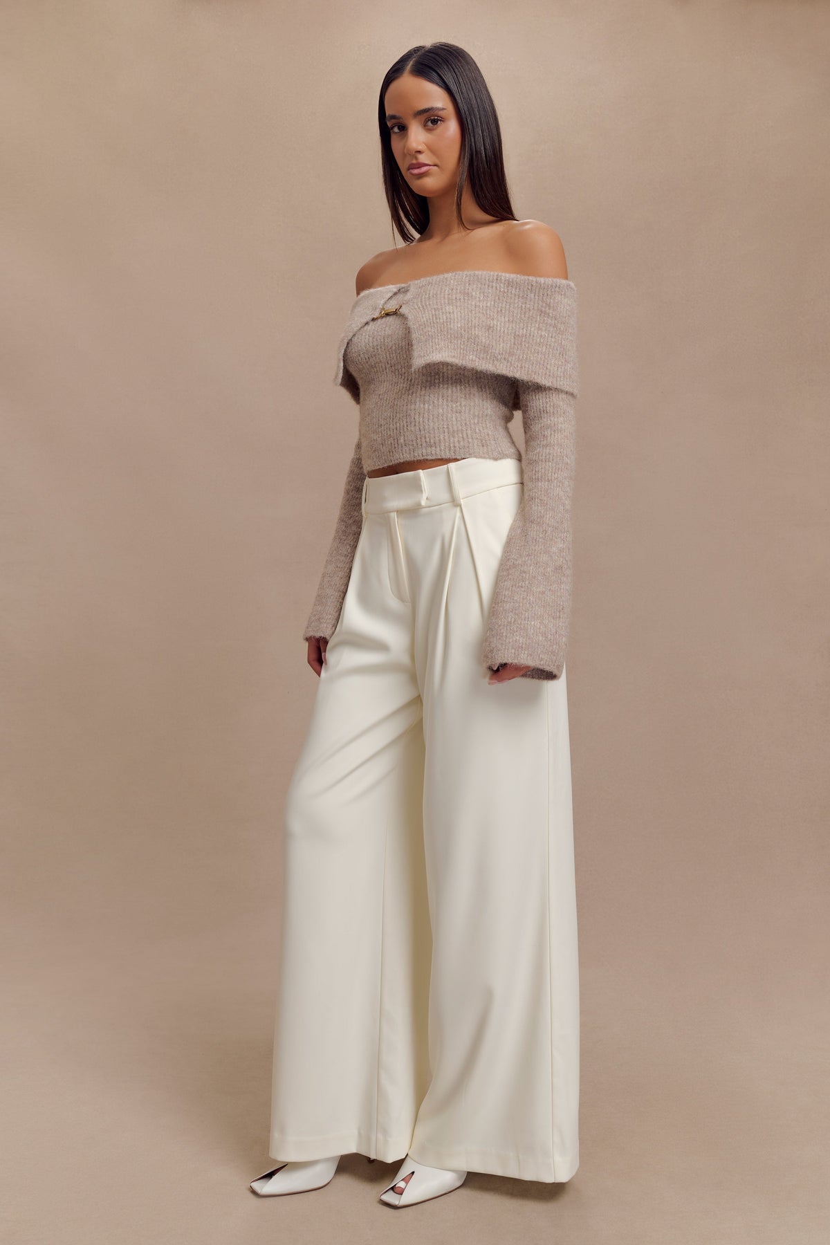 Baxter Off Shoulder Fluffy Knit Top - Taupe #3