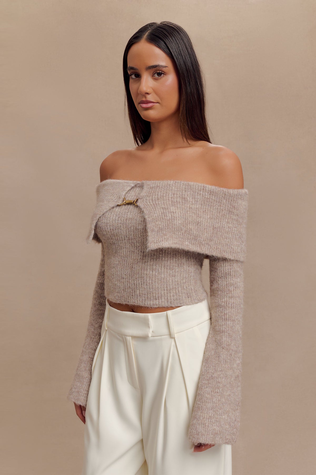 Baxter Off Shoulder Fluffy Knit Top - Taupe #4