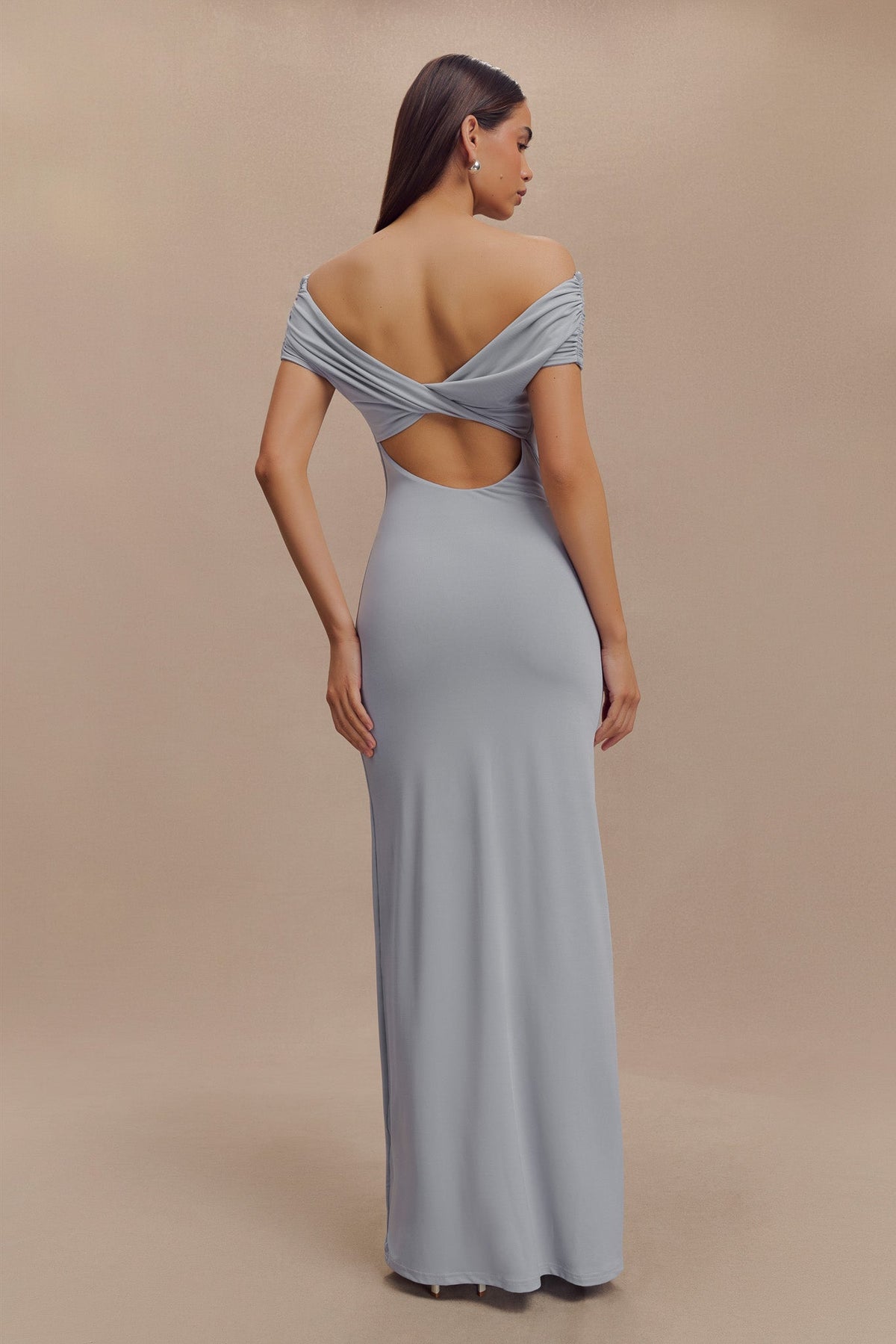 Imogen Off Shoulder Slinky Maxi Dress - Dusty Blue #3
