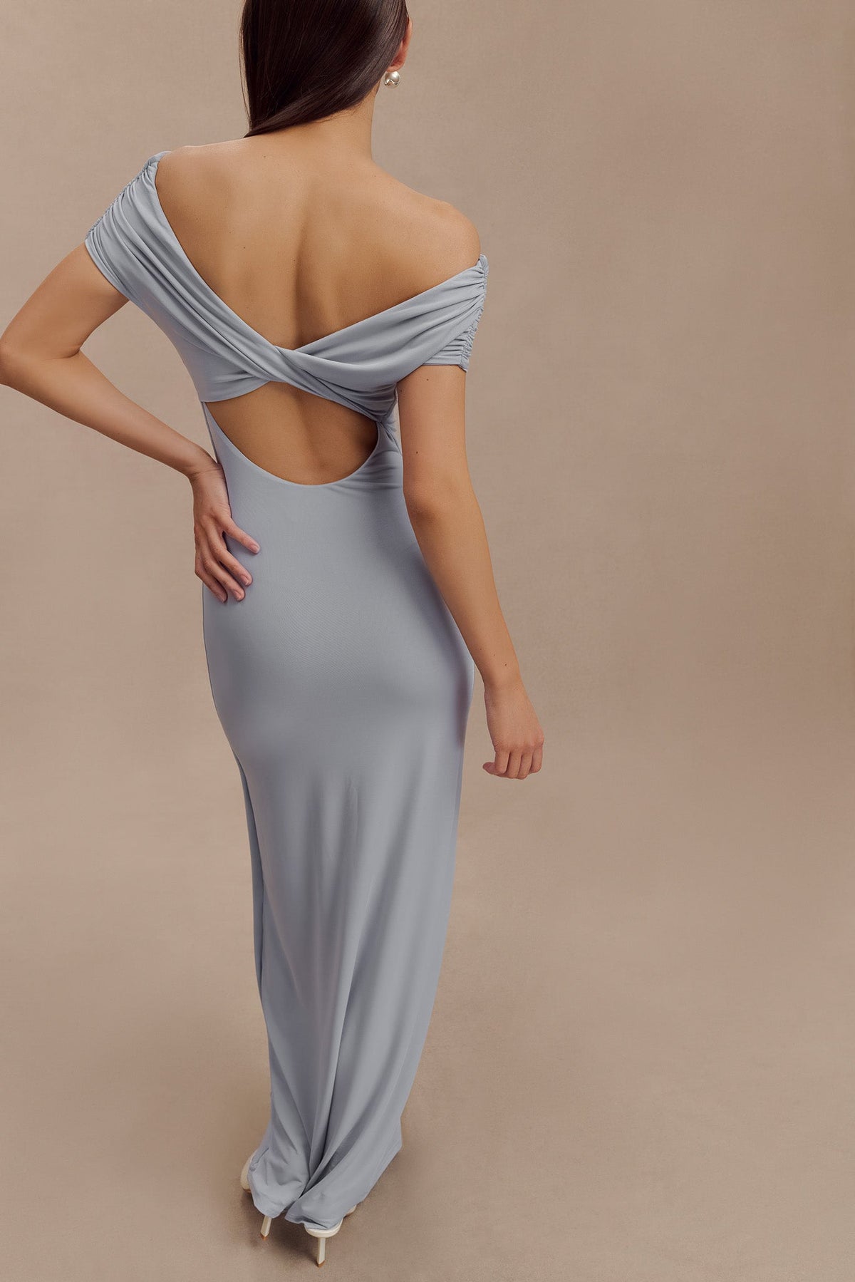 Imogen Off Shoulder Slinky Maxi Dress - Dusty Blue #5