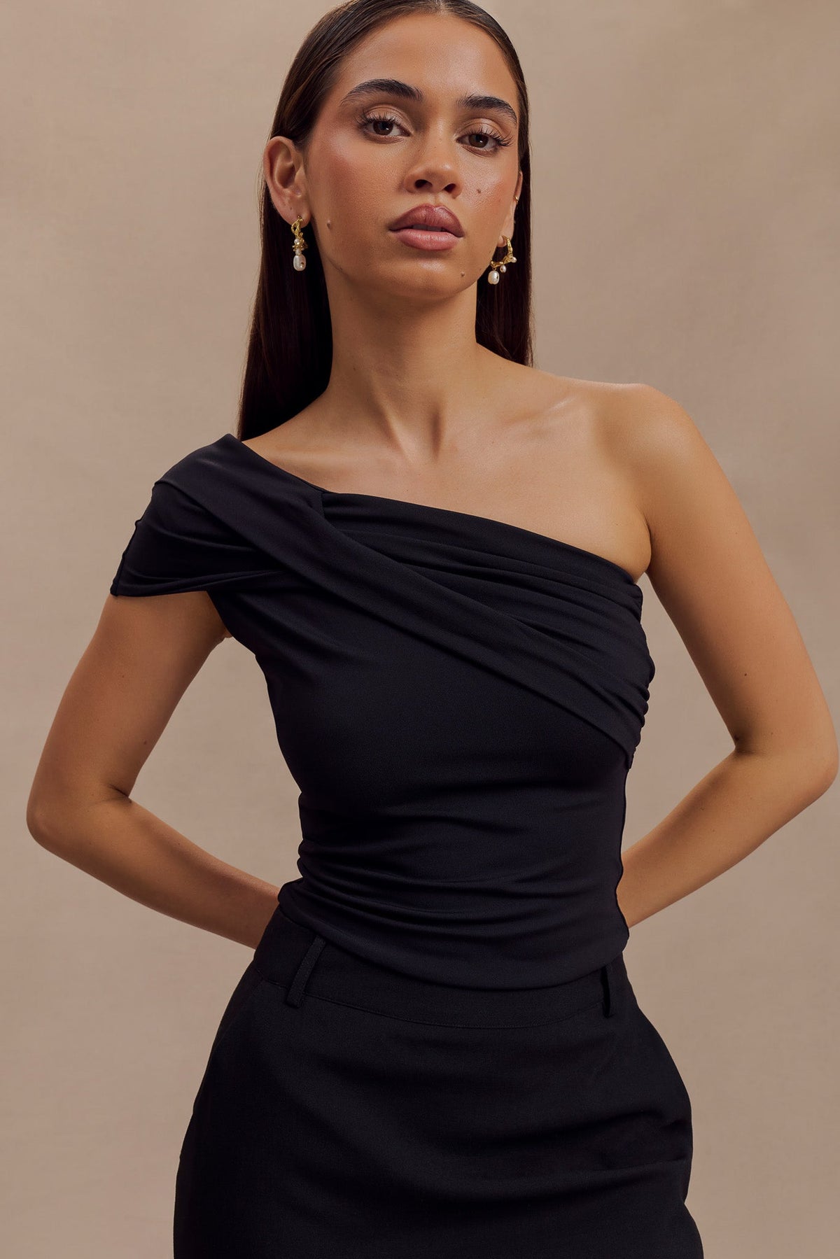 Solene One Shoulder Recycled Nylon Twist Top - Black #7