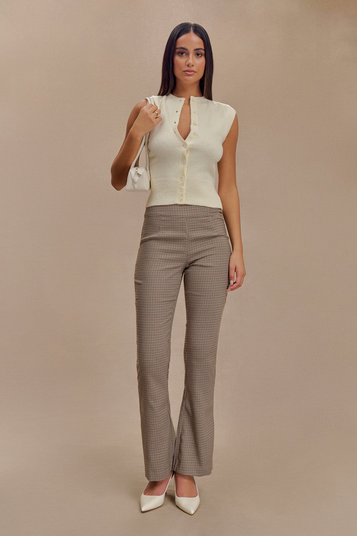 Sweeney Mid Rise Buckle Straight Leg Pant - Tan Check #7
