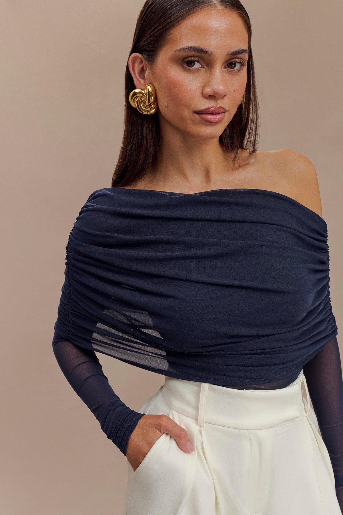 Everly Sheer Mesh Off Shoulder Top - Dark Navy #4
