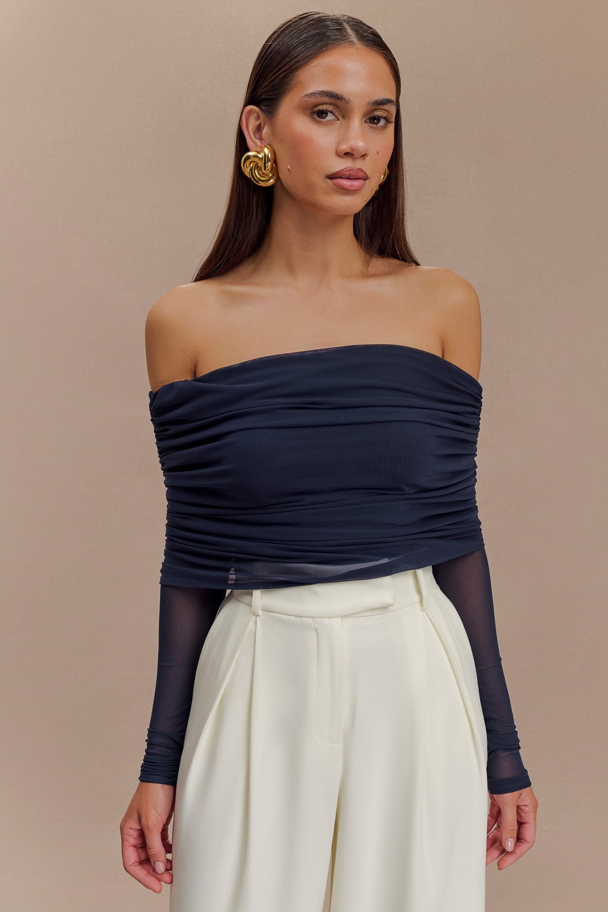 Everly Sheer Mesh Off Shoulder Top - Dark Navy #5