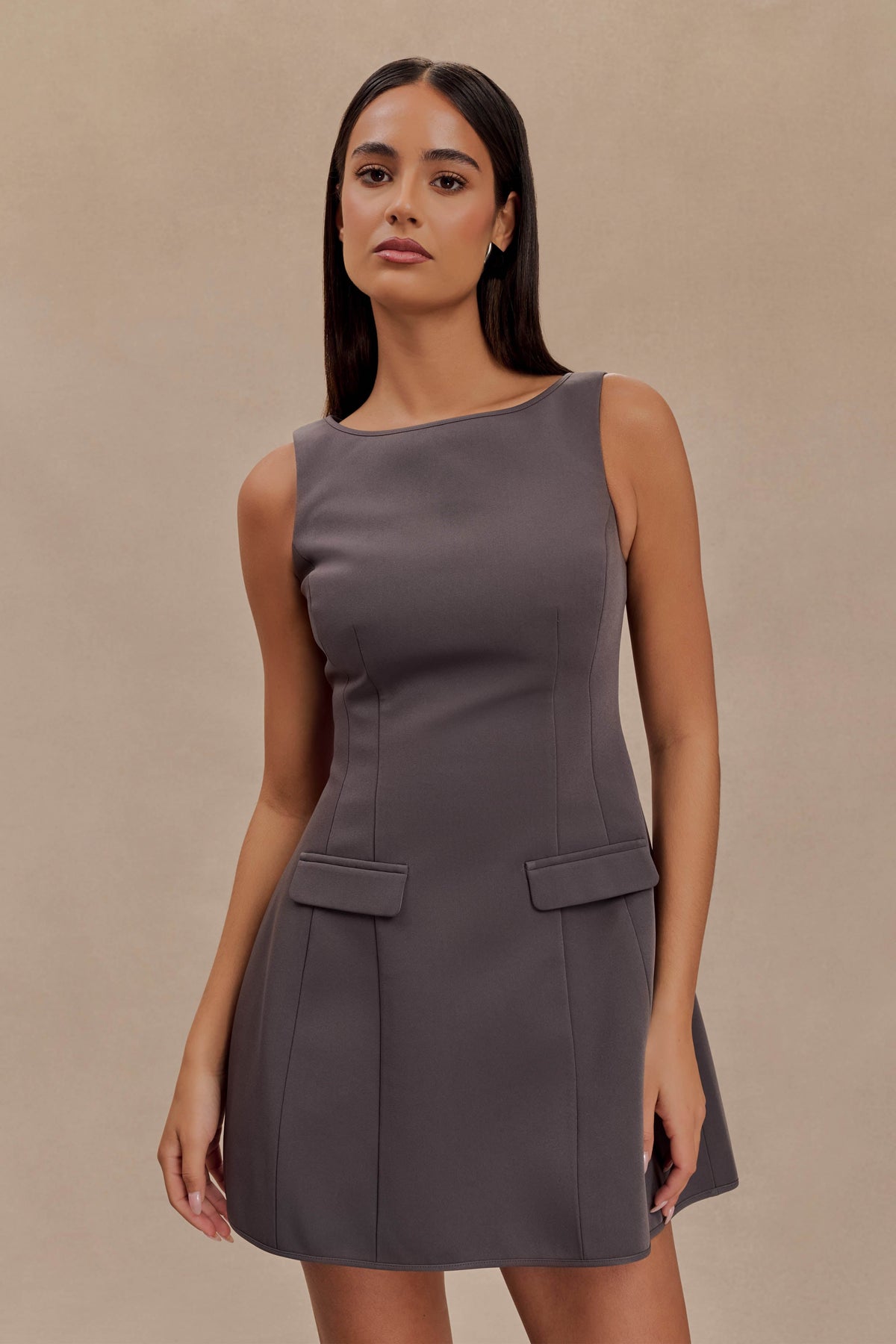 Evanna Sleeveless Suiting Mini Dress - Charcoal Grey #5