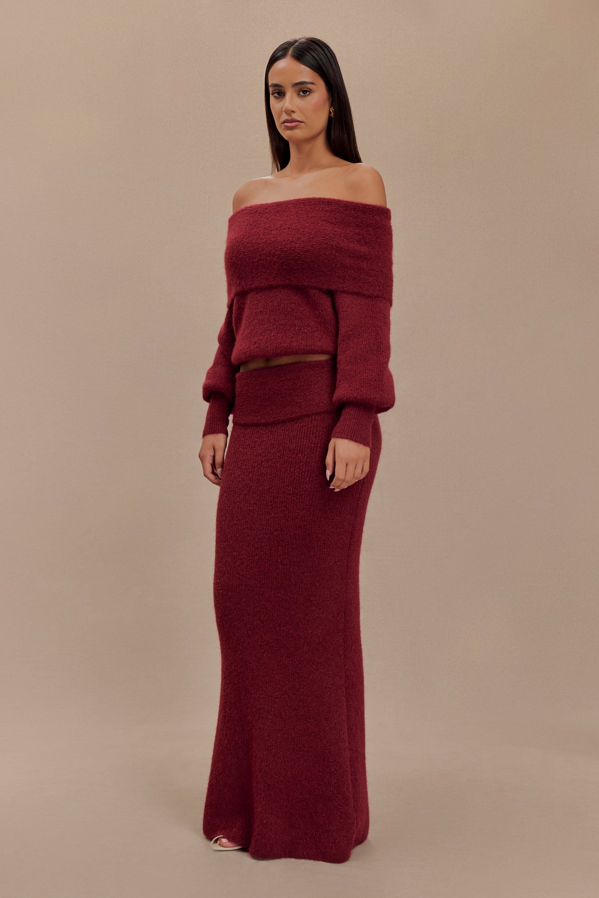 Charlotte Knit Maxi Skirt With Overlay - Merlot #3