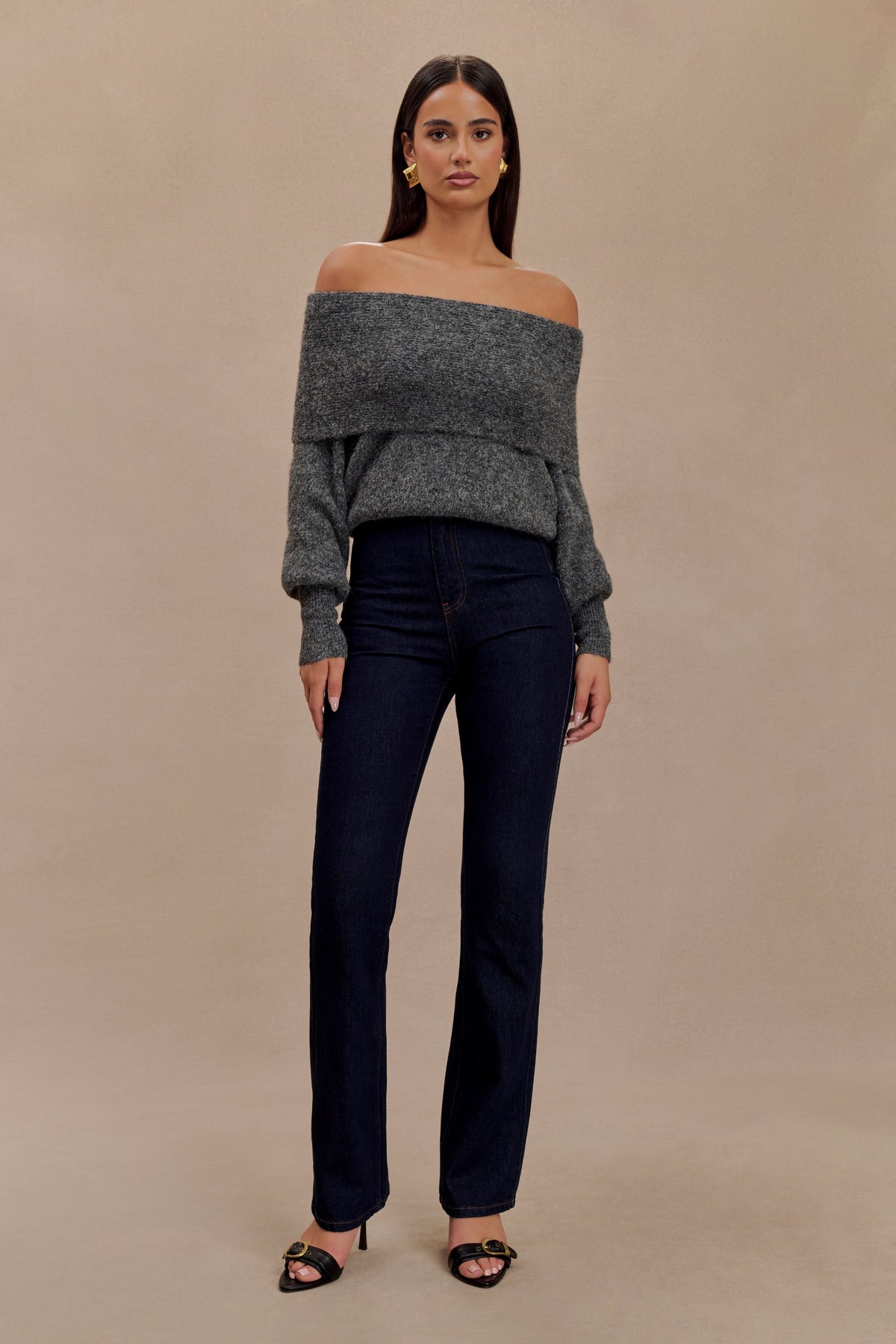 Charlotte Off Shoulder Knit Long Sleeve Top - Charcoal Marle #5