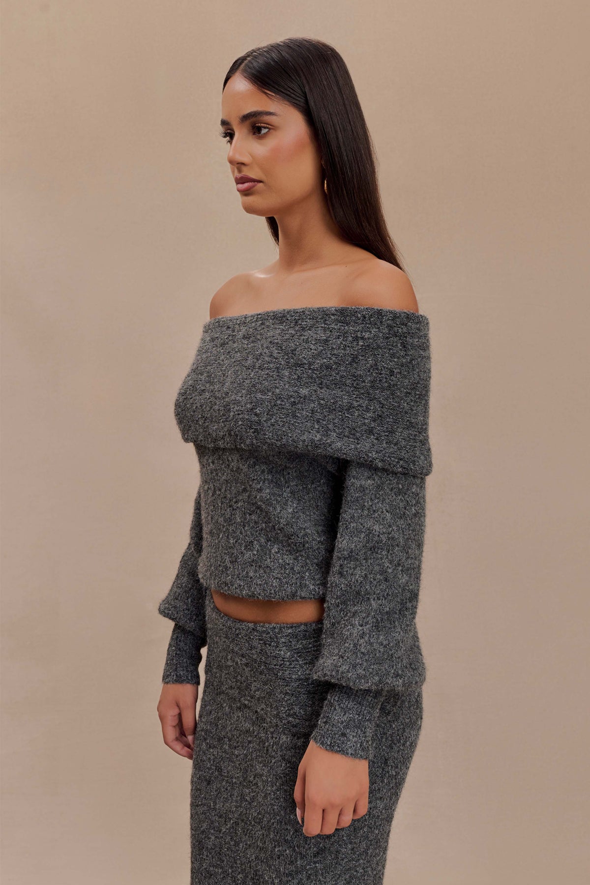Charlotte Off Shoulder Knit Long Sleeve Top - Charcoal Marle #4