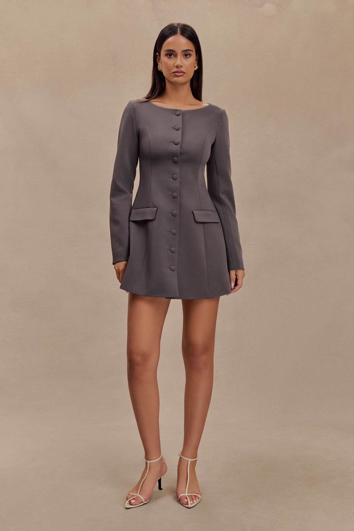 Jolie Boat Neck Suiting Mini Dress - Charcoal Grey #7